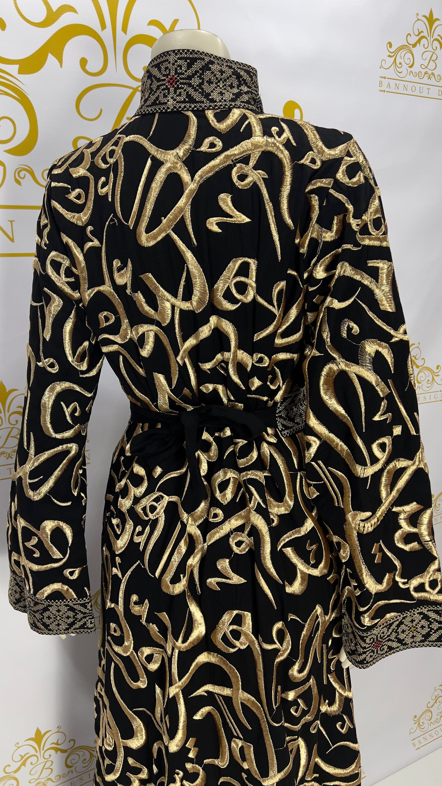 Arabic letters Embroidered Muslim Women's Abaya Maxi Long Sleeve Black & Gold