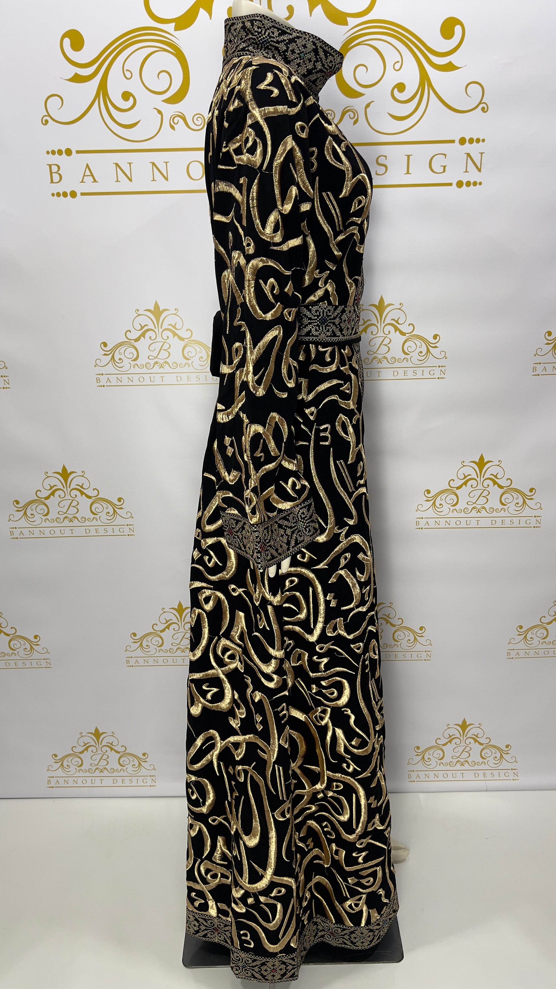 Abaya Calligraphy with Arabic Golden Embroidery Tatreez | Black & Gold Bannout Design Abaya Calligraphy with Arabic Golden Embroidery Tatreez | Black & Gold Bannout Design
