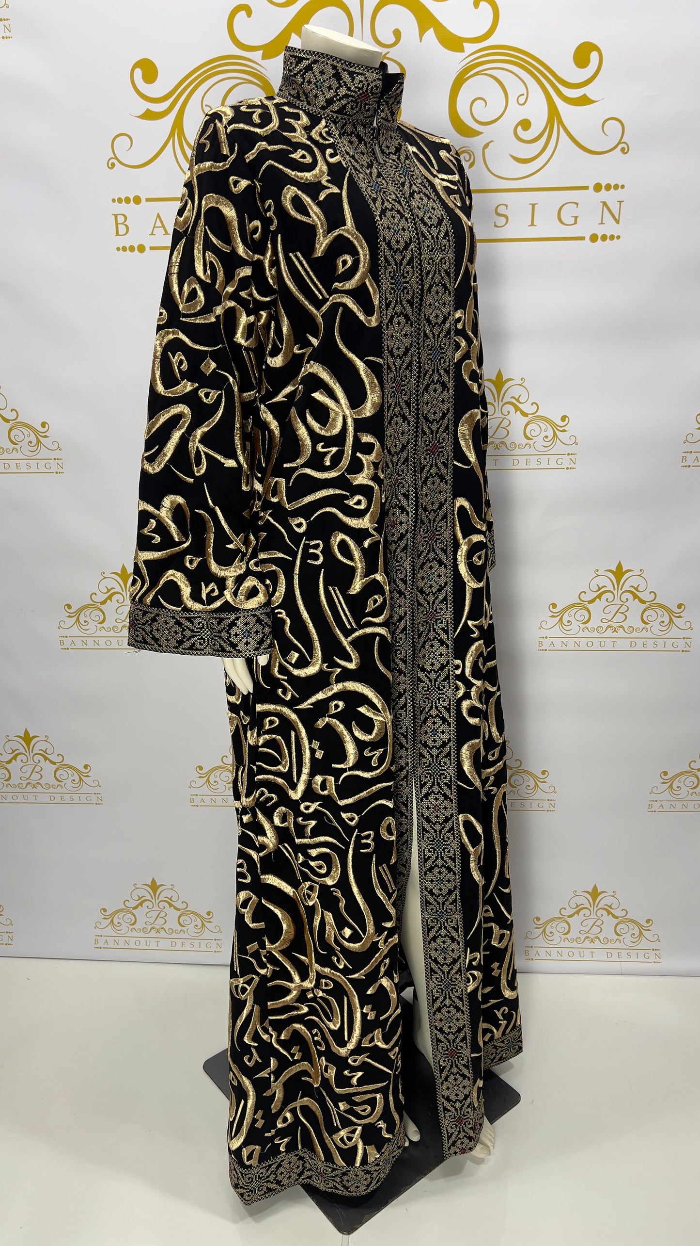Arabic letters Embroidered Muslim Women's Abaya Maxi Long Sleeve Black & Gold