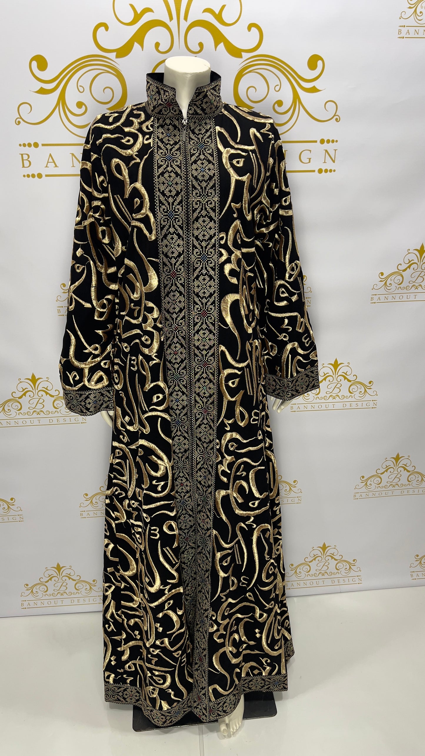 Arabic letters Embroidered Muslim Women's Abaya Maxi Long Sleeve Black & Gold