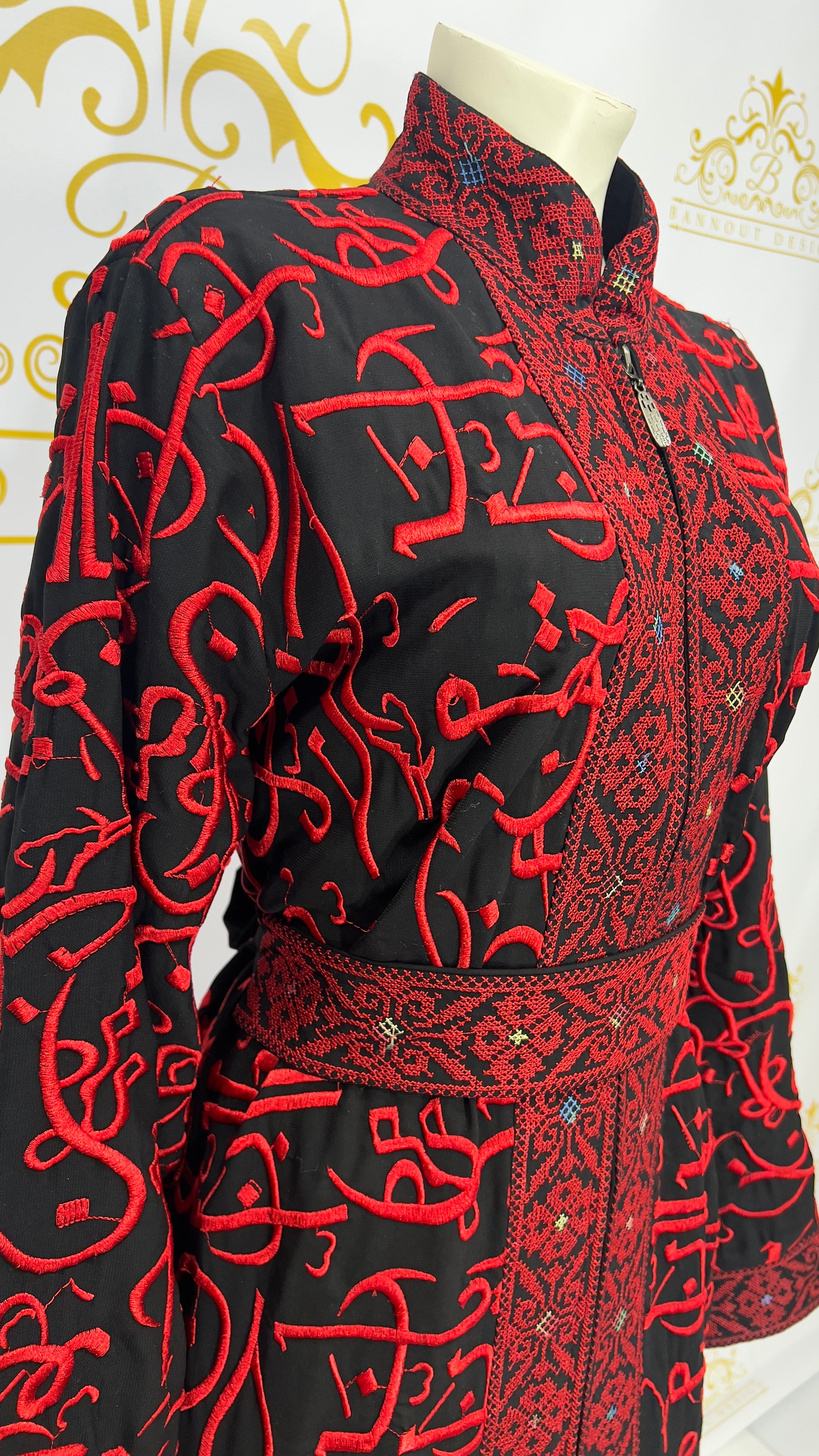 Calligraphy Arabic Embroidery Thobe Dress Red & Black