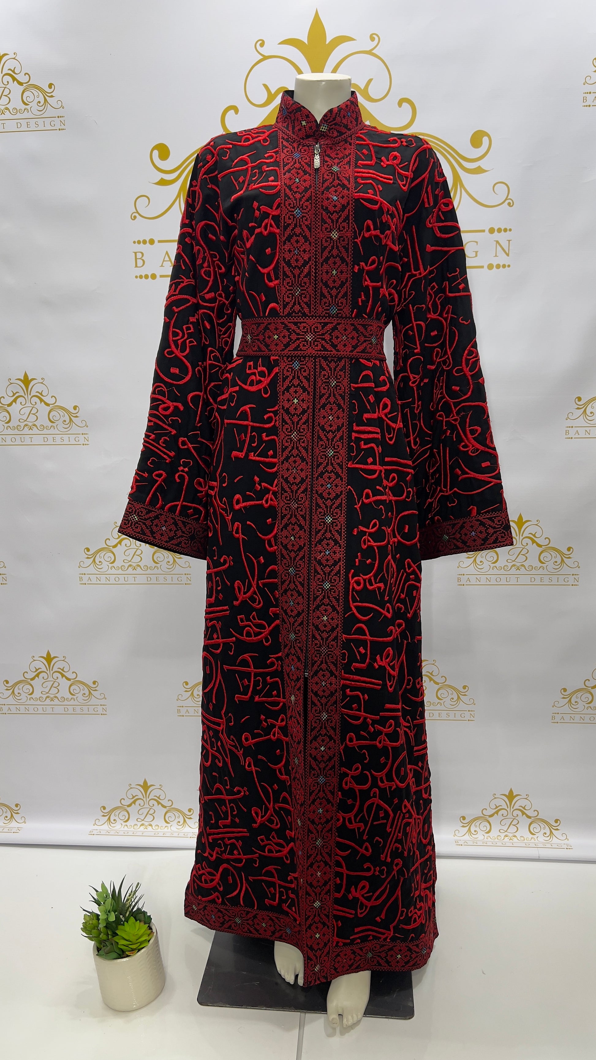 Arabic Calligraphy Embroidery Thobe Dress Red & Black Bannout Design Arabic Calligraphy Embroidery Thobe Dress Red & Black Bannout Design