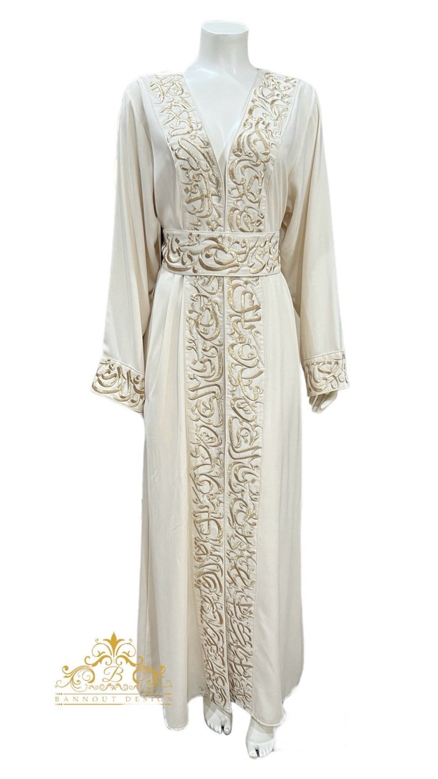Embroidery Open Open Front Abaya Robe Arabic Letters Embroidery DesignAbaya Arabic Letters - Off White & Gold _ Bisht _ Henna_Eid_Party_Occasional_Dubai_Abaya