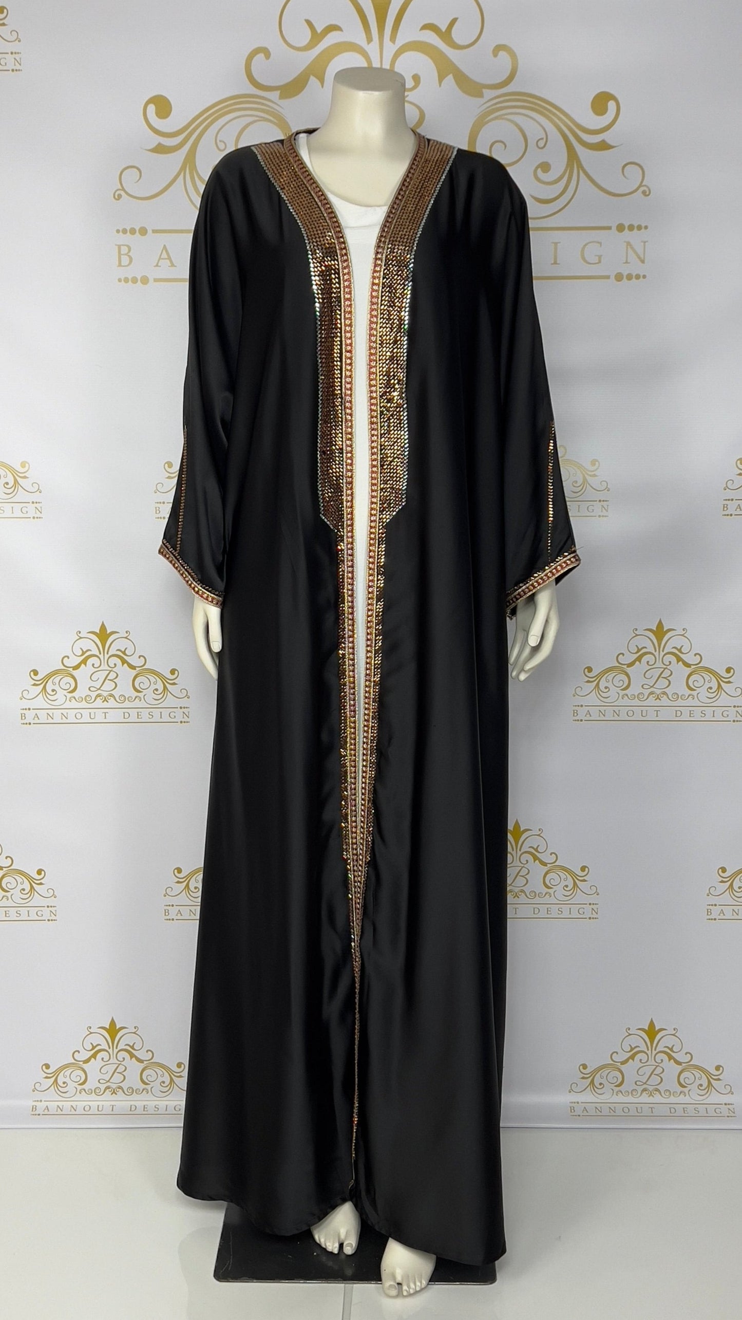 Elegant Women’s Open Abaya 2 Pcs Designed With Gold Rhinestone