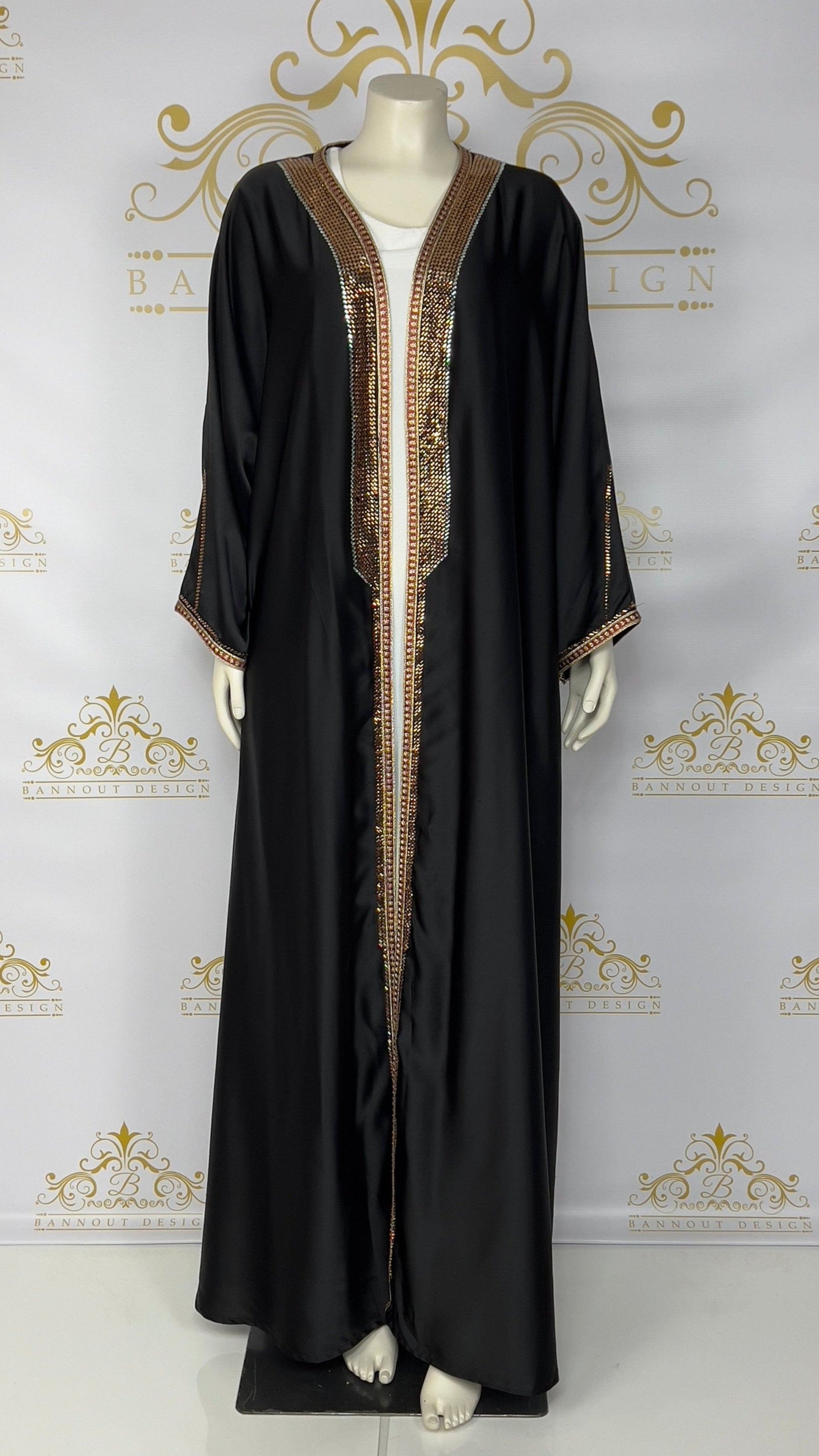Elegant Women’s Open Abaya 2 Pcs Designed With Gold Rhinestone