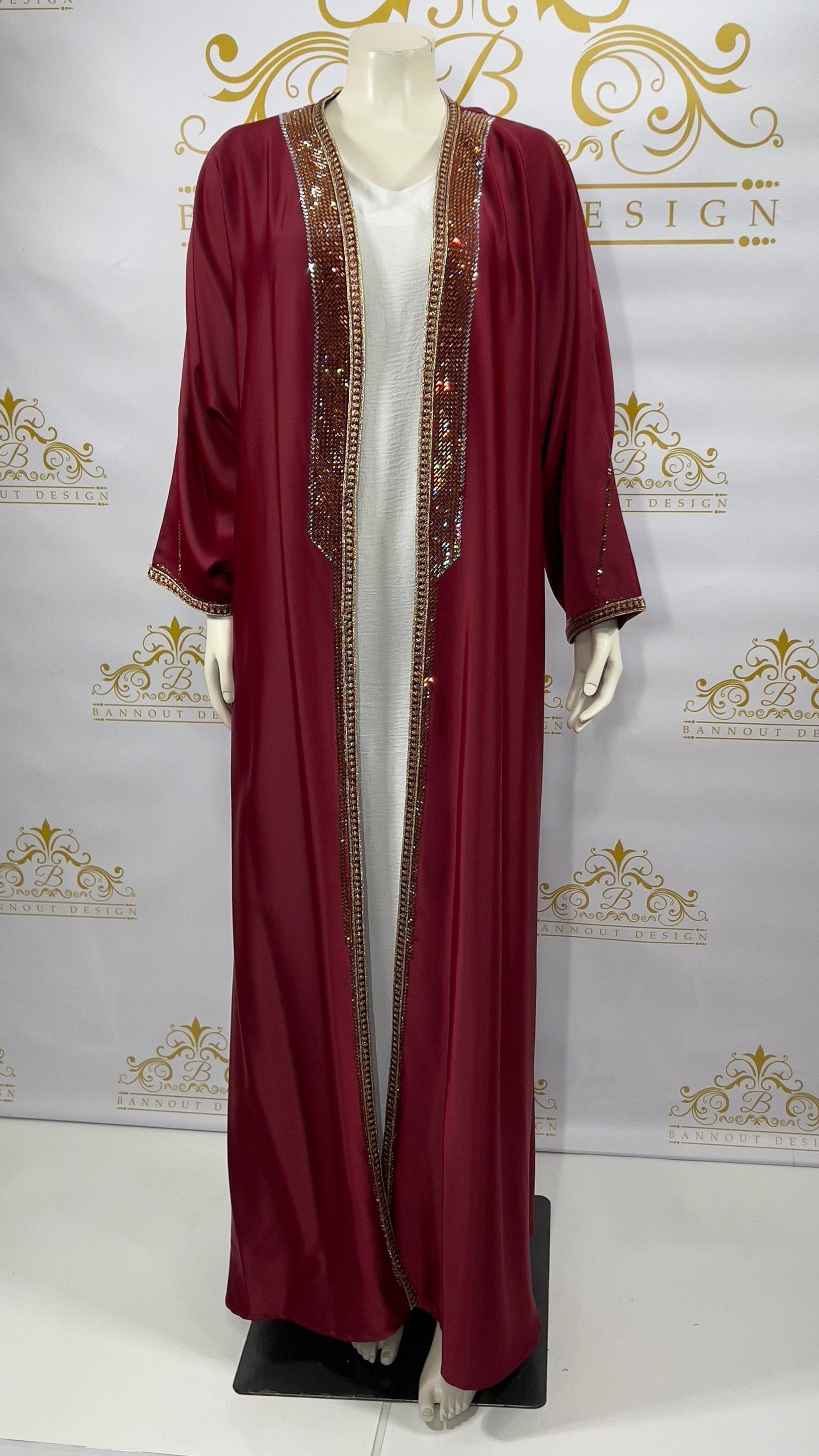 Elegant Women’s Open Abaya 2 Pcs Designed With Gold Rhinestone