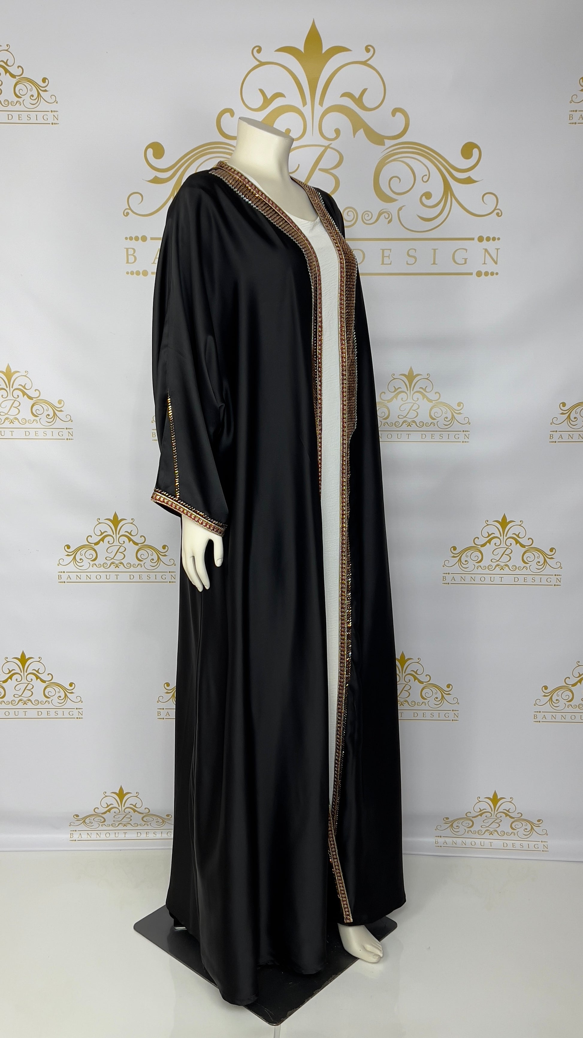 Elegant Women’s Open Abaya 2 Pcs Designed With Gold Rhinestone