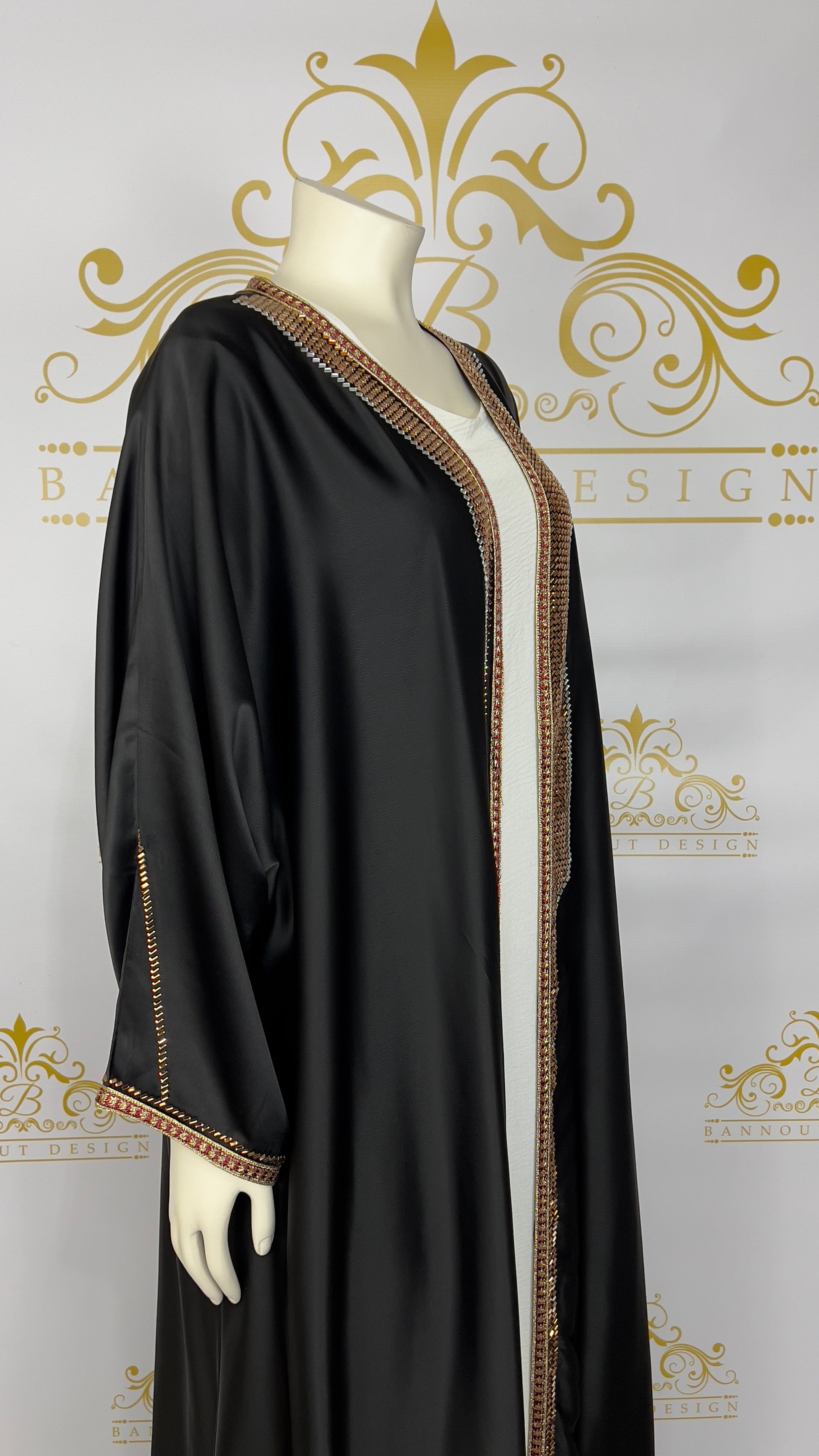 Elegant Women’s Open Abaya 2 Pcs Designed With Gold Rhinestone