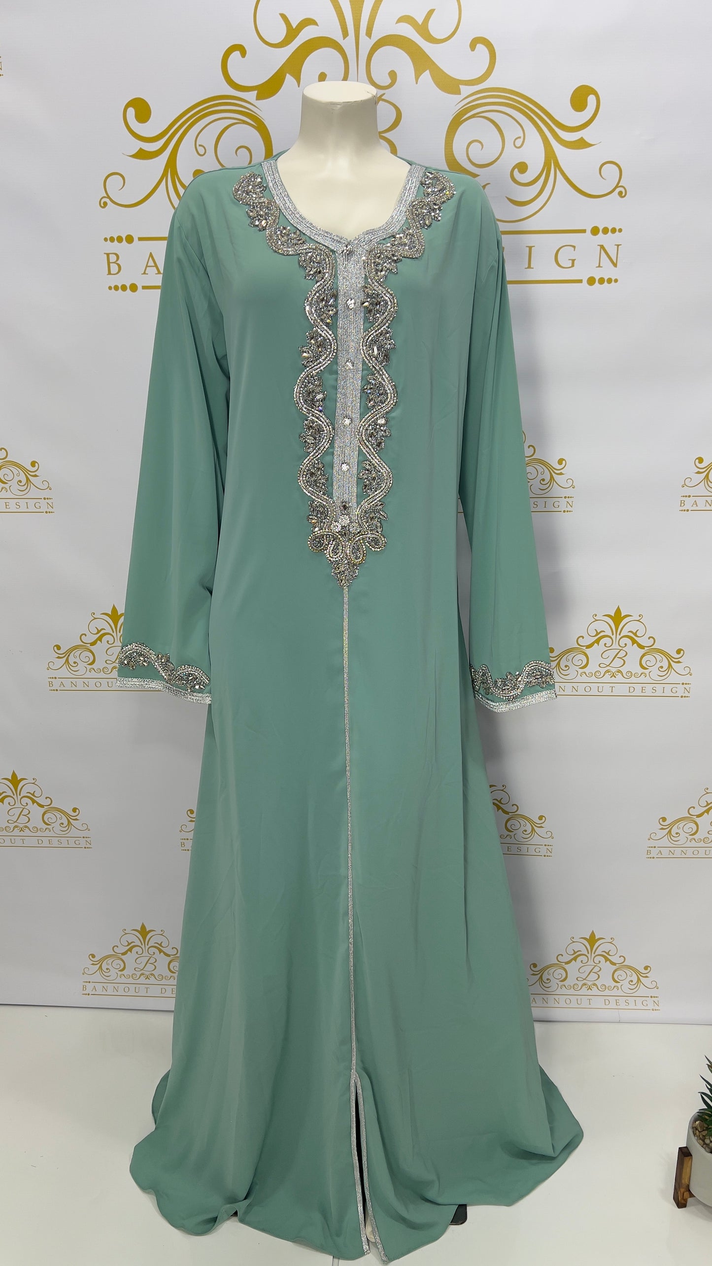 Embellished Silver Rhinestone Women's Maxi Abaya Long Sleeve Light Green