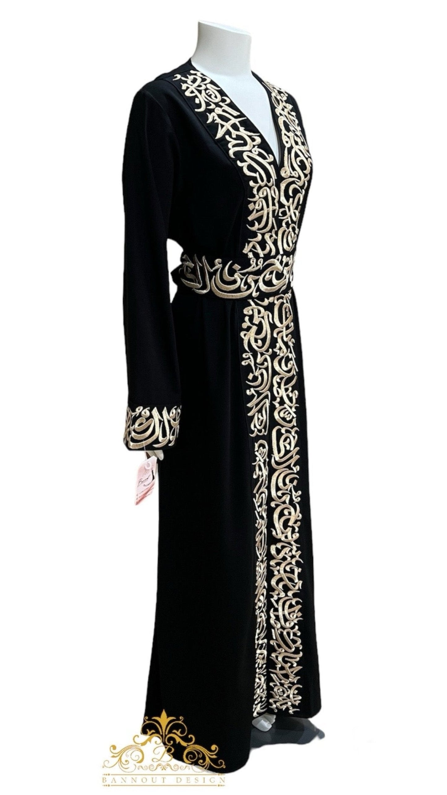 Embroidery Open Abaya Arabic Letters - Black & Gold Henna Party Occasional Eid Muslim Women