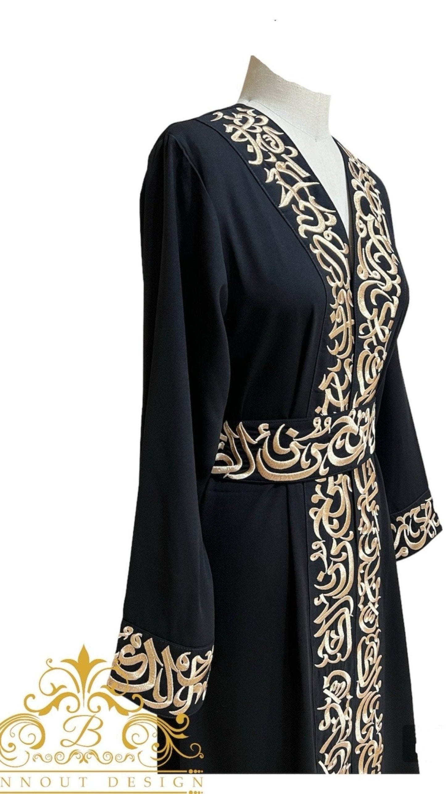 Embroidery Open Abaya Arabic Letters - Black & Gold Henna Party Occasional Eid Muslim Women