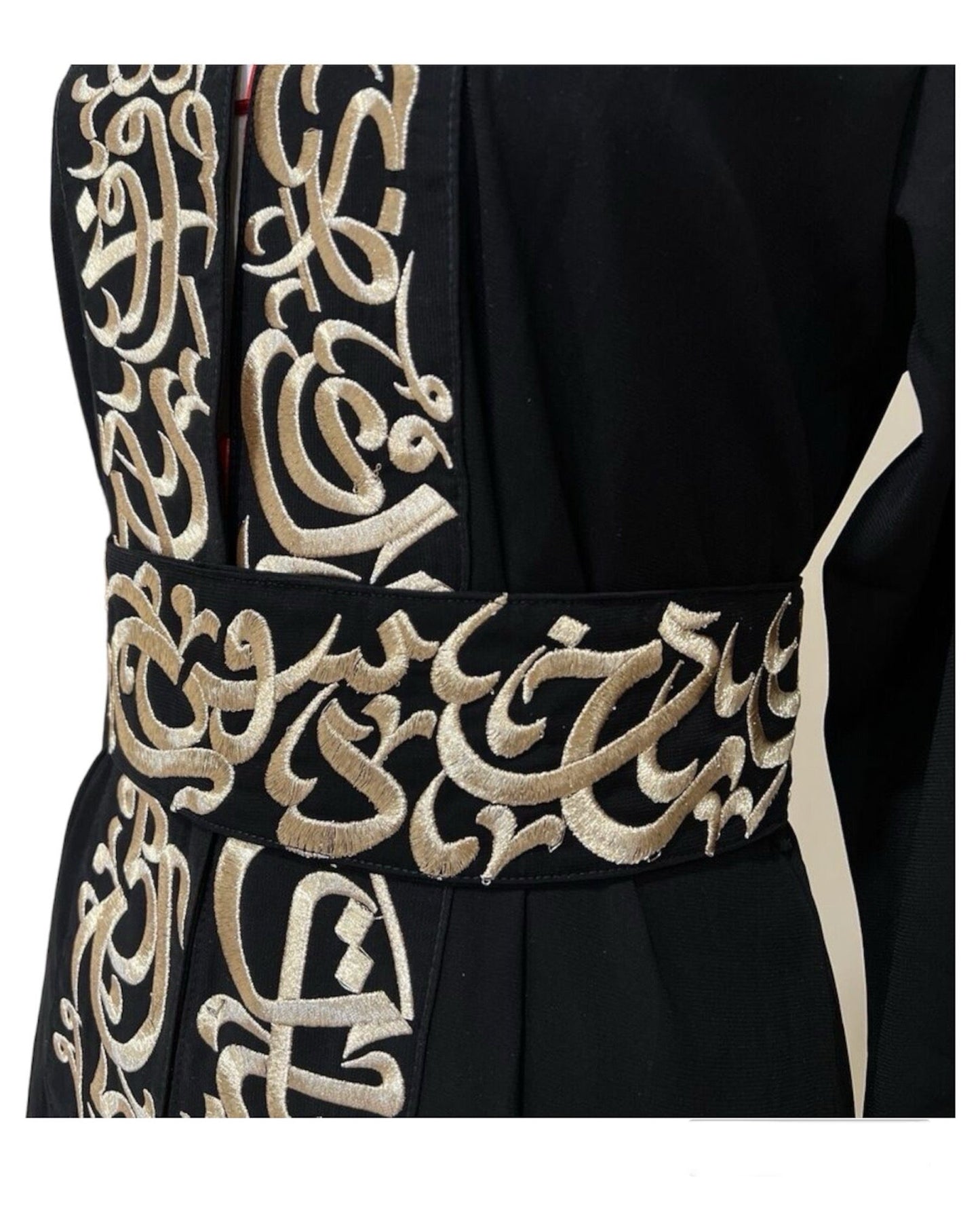 Embroidery Open Abaya Arabic Letters - Black & Gold Henna Party Occasional Eid Muslim Women