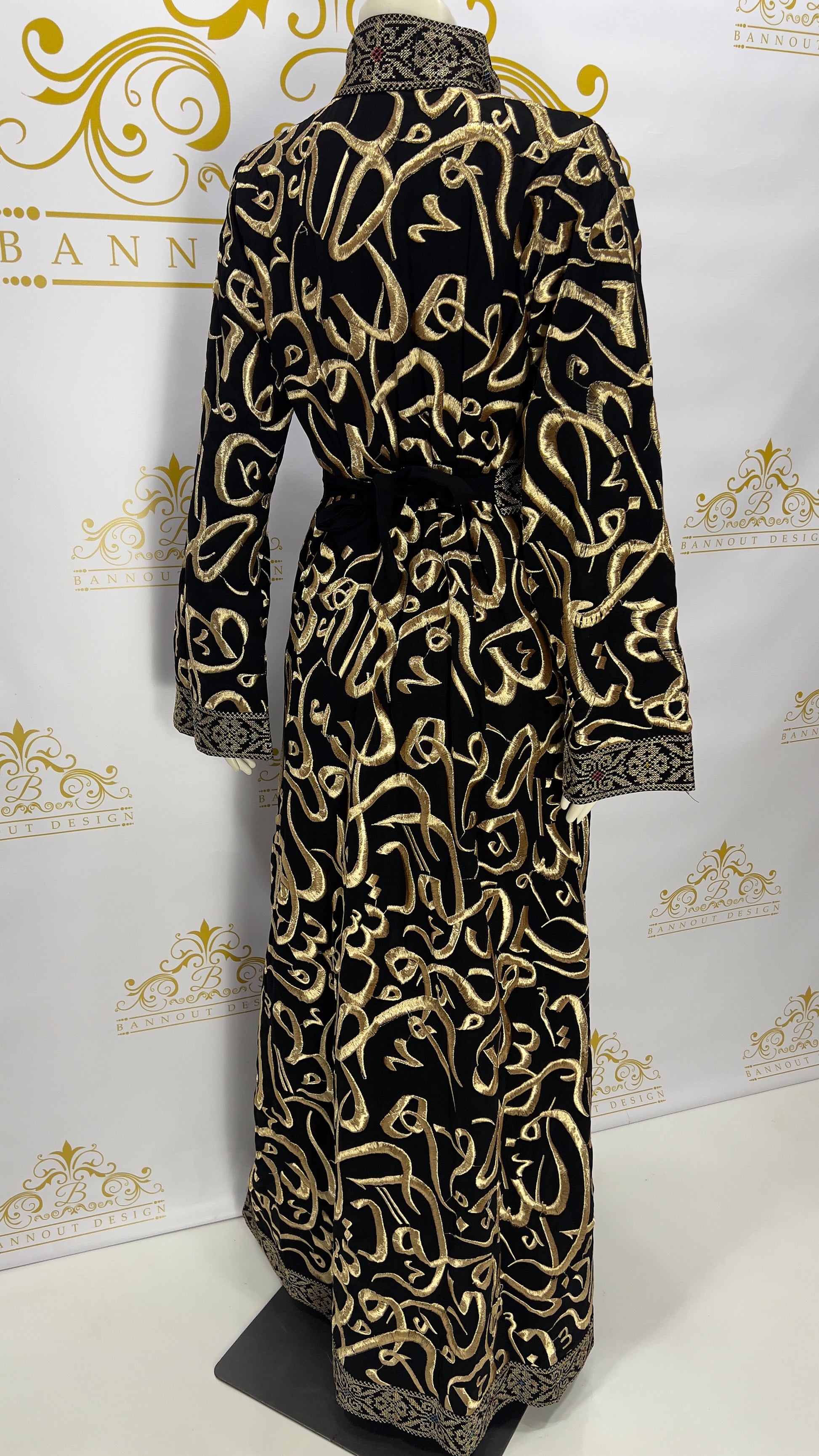 Arabic letters Embroidered Muslim Women's Abaya Maxi Long Sleeve Black & Gold