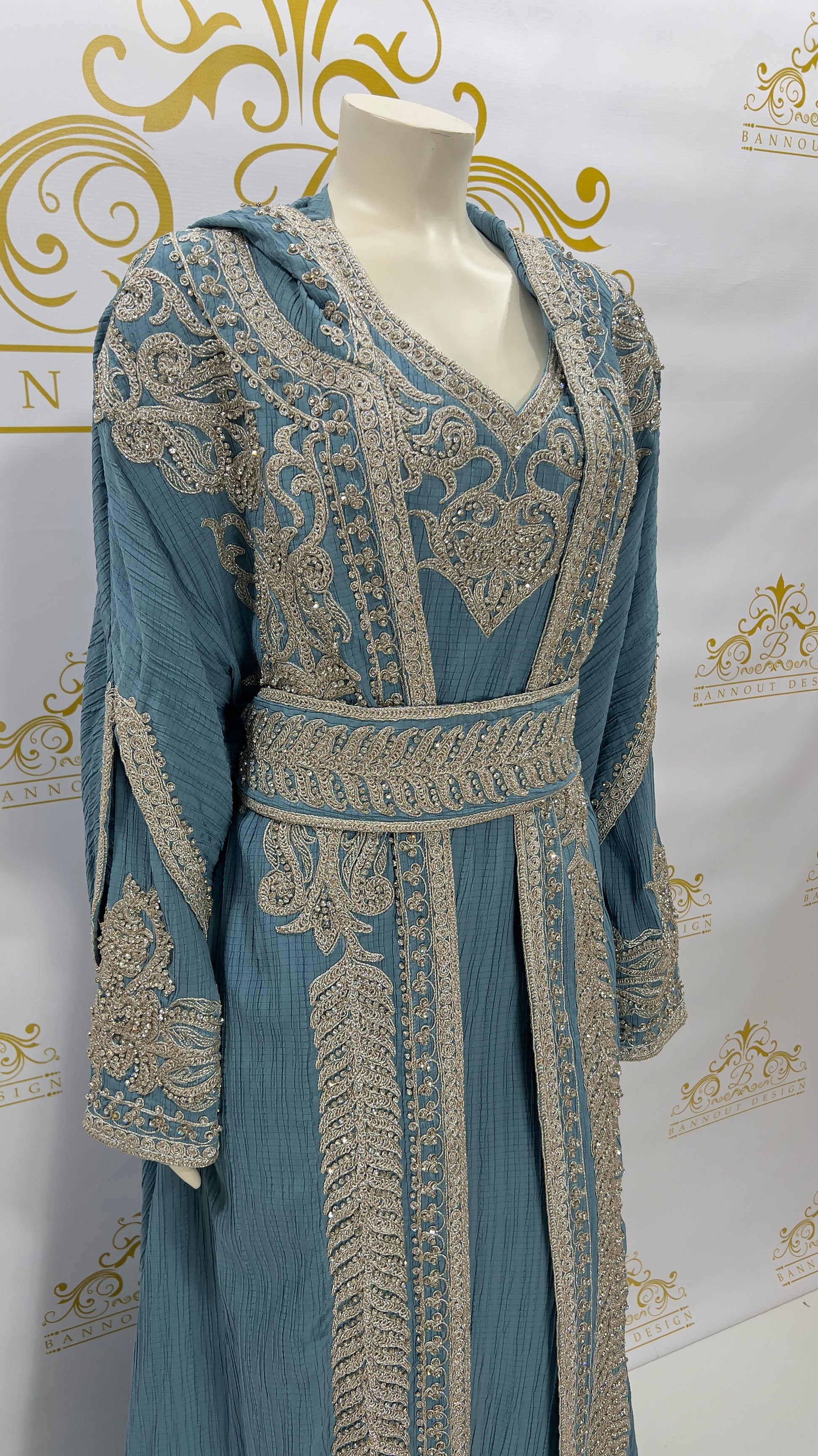 Hooded Butterfly Kaftan Abaya 3 Pcs Muslim Women's Long Fashion Dress Silver Beads & Embroidery Light BLUE 