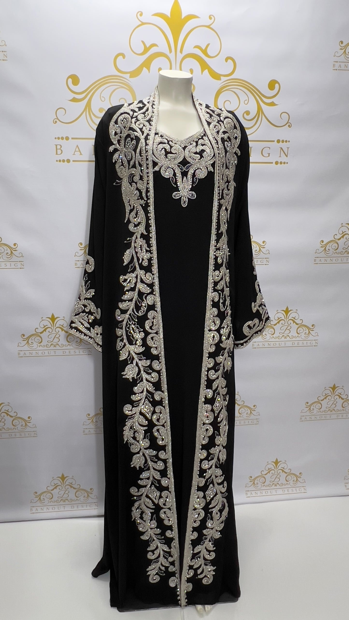 Fancy Kaftan Abaya 3 Pcs. Beads Embellished Black wedding party Dress