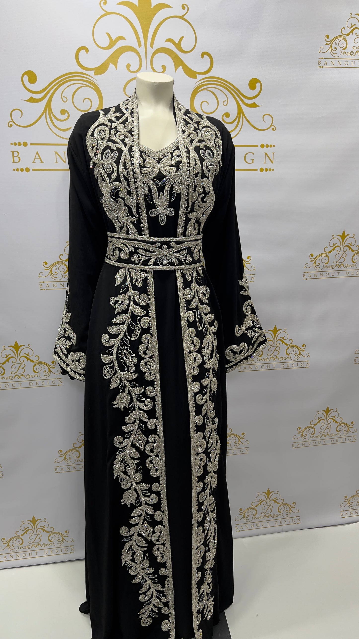 Fancy Kaftan Abaya 3 Pcs. Beads Embellished Black wedding party Dress