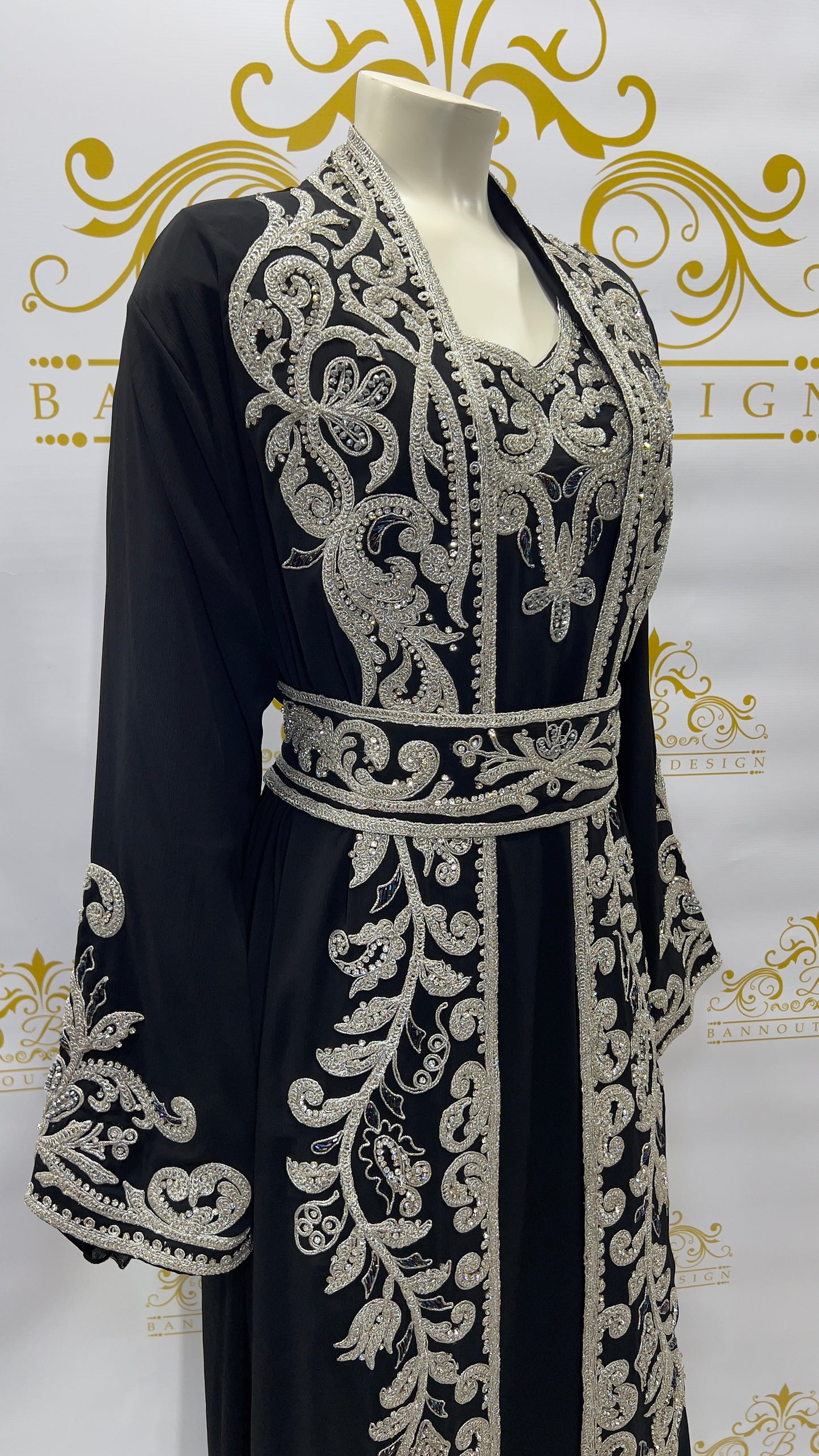 Fancy Kaftan Abaya 3 Pcs. Beads Embellished Black wedding party Dress