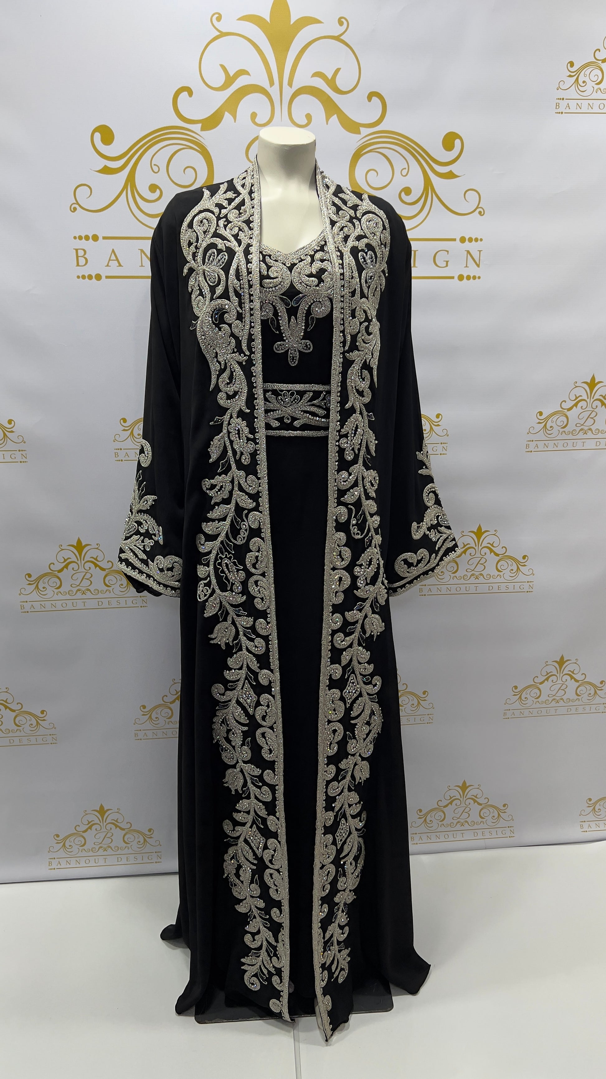 Fancy Kaftan Abaya 3 Pcs. Beads Embellished Black wedding party Dress