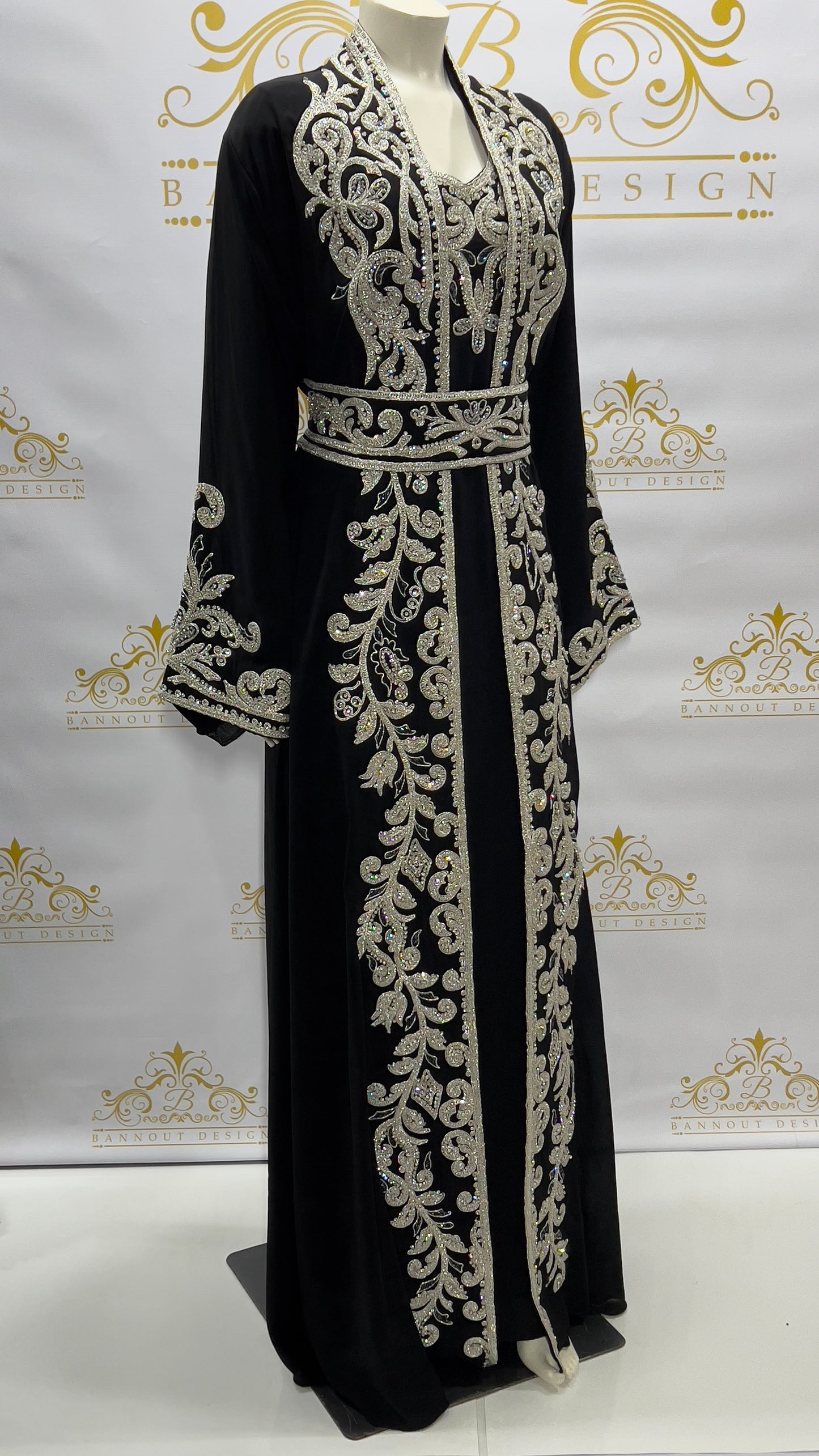 Fancy Kaftan Abaya 3 Pcs. Beads Embellished Black