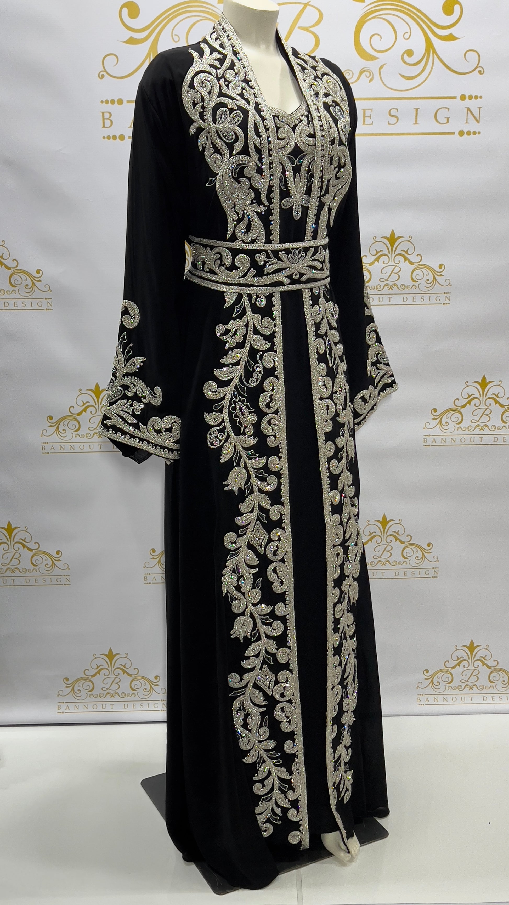 Fancy Kaftan Abaya 3 Pcs. Beads Embellished Black