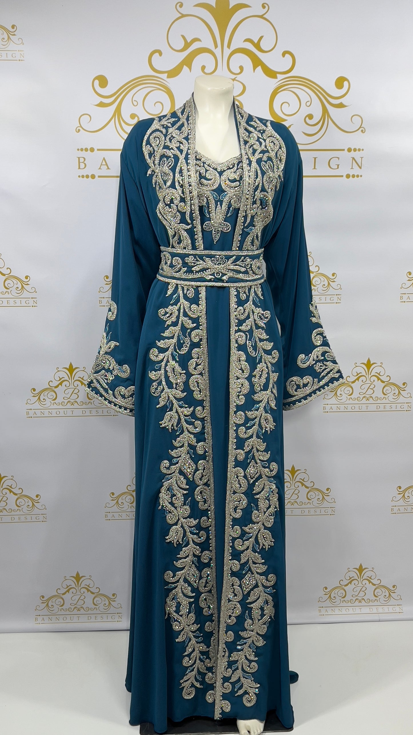 Fancy Kaftan Abaya 3 Pcs. Beads Embellished Peacock wedding party Dress
