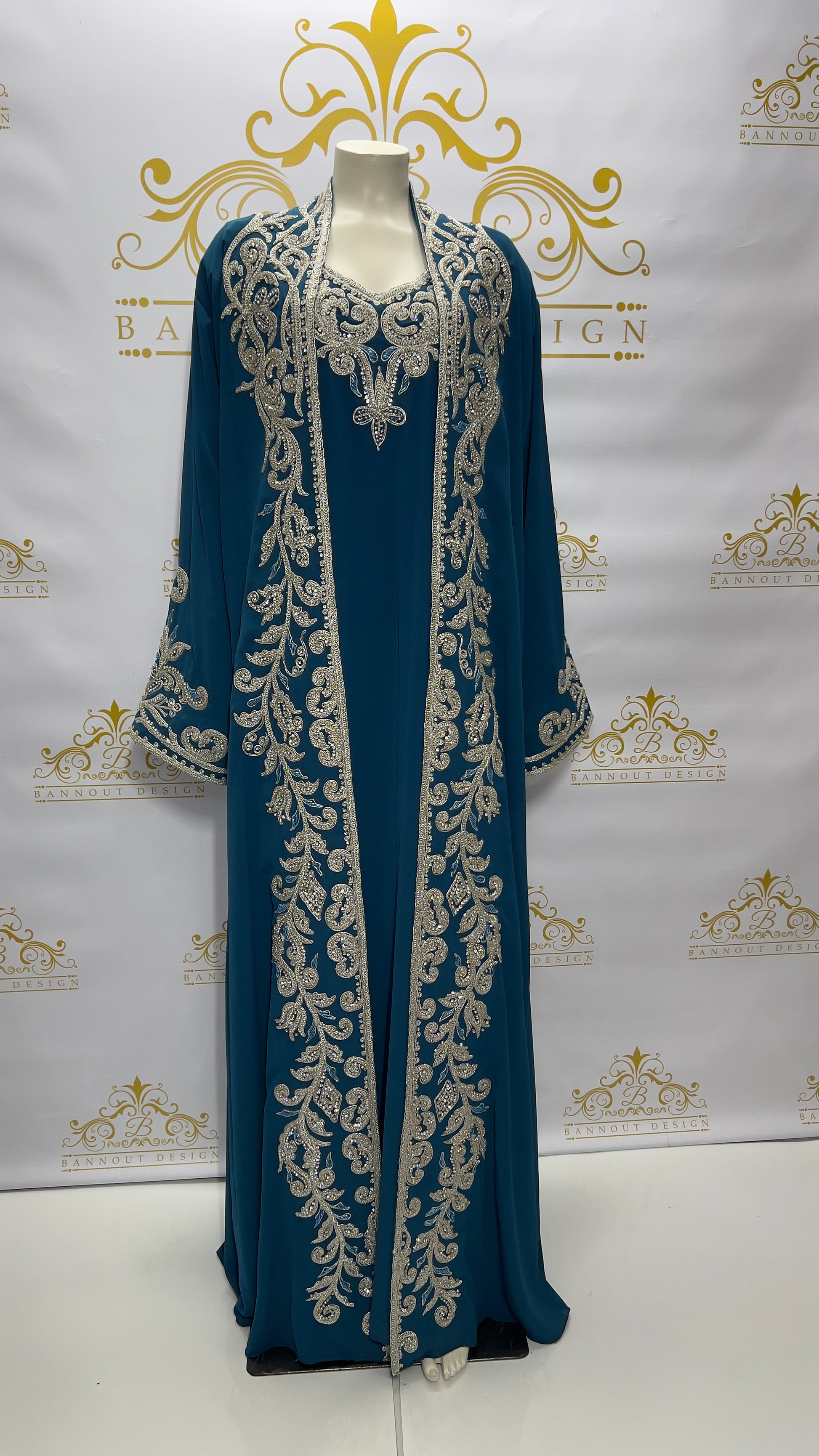 Fancy Kaftan Abaya 3 Pcs. Beads Embellished Peacock wedding party Dress