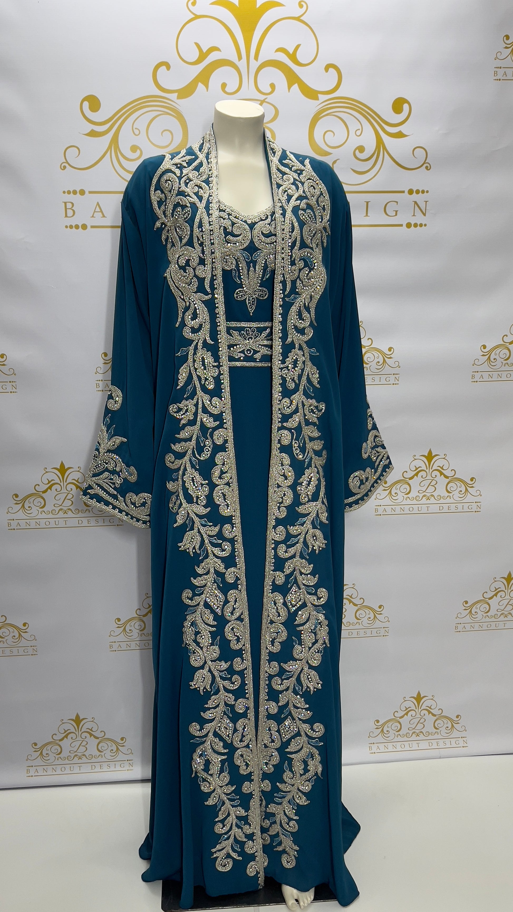 Fancy Kaftan Abaya 3 Pcs. Beads Embellished Peacock wedding party Dress