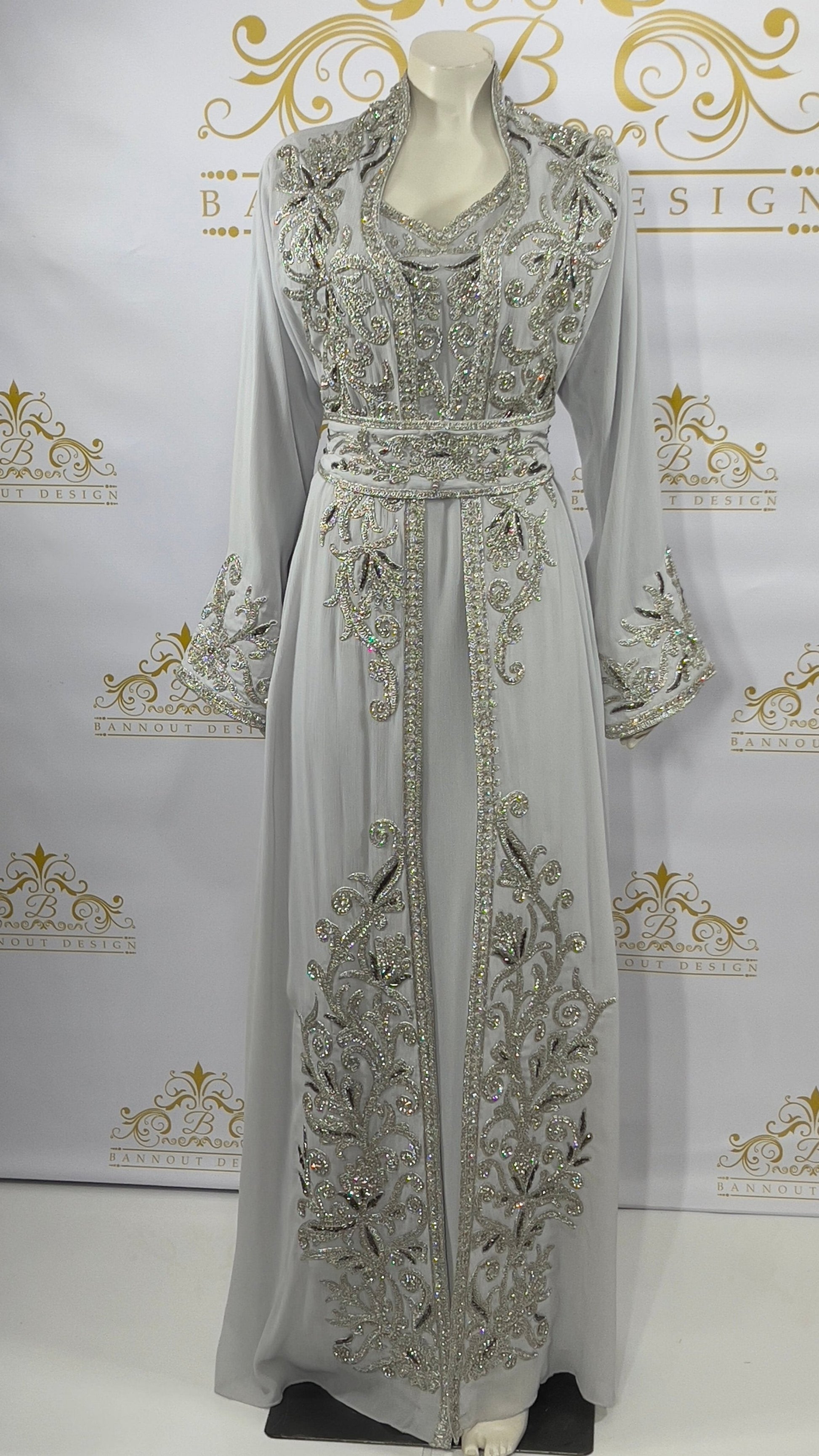 Fancy Kaftan Abaya women's Long Dress 3 Pcs. Embroidery & Silver Beads  Light Gray