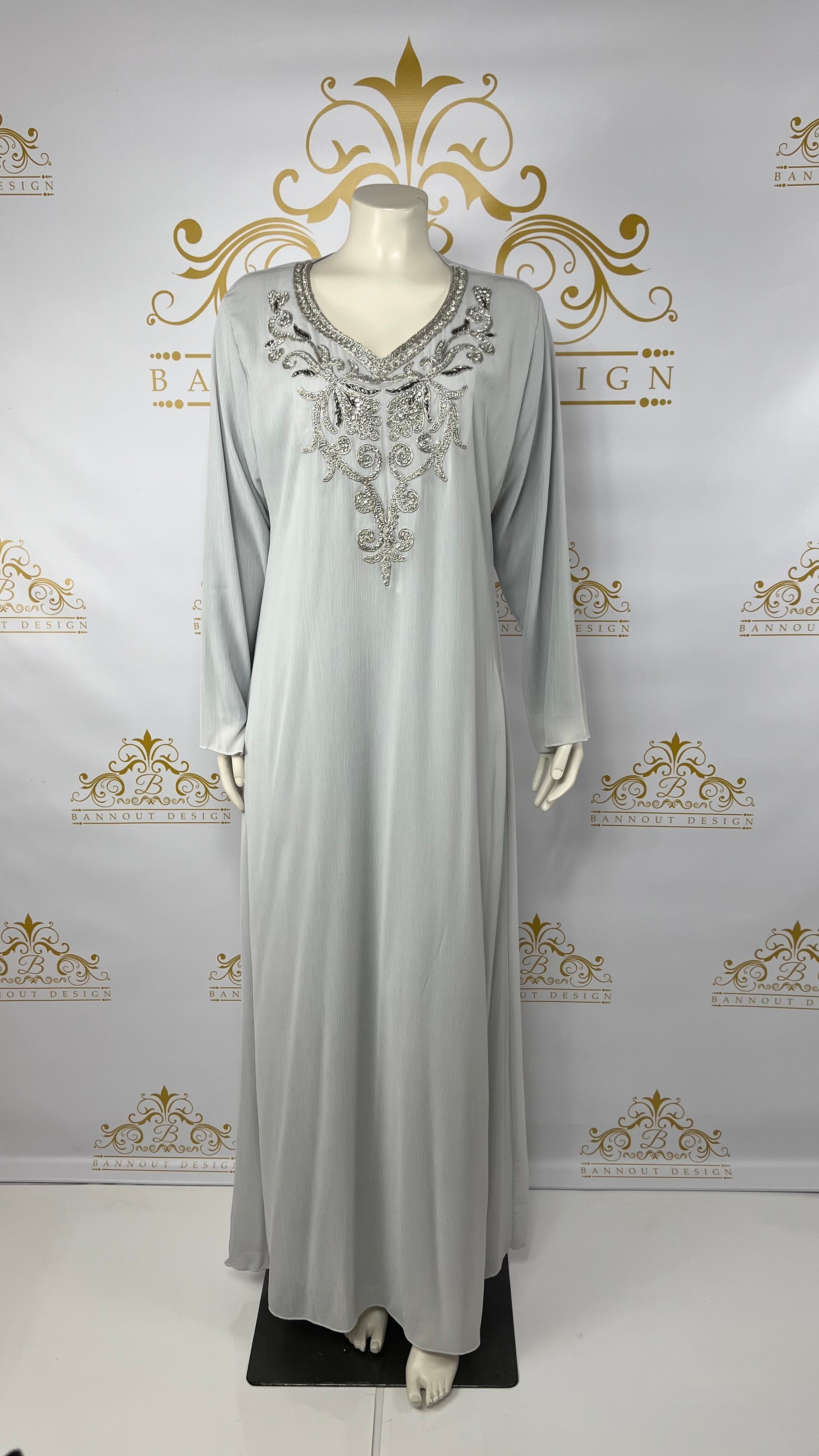 Fancy Kaftan Abaya 3 Pcs. Embroidery Silver Beads Light Gray Bannout Design