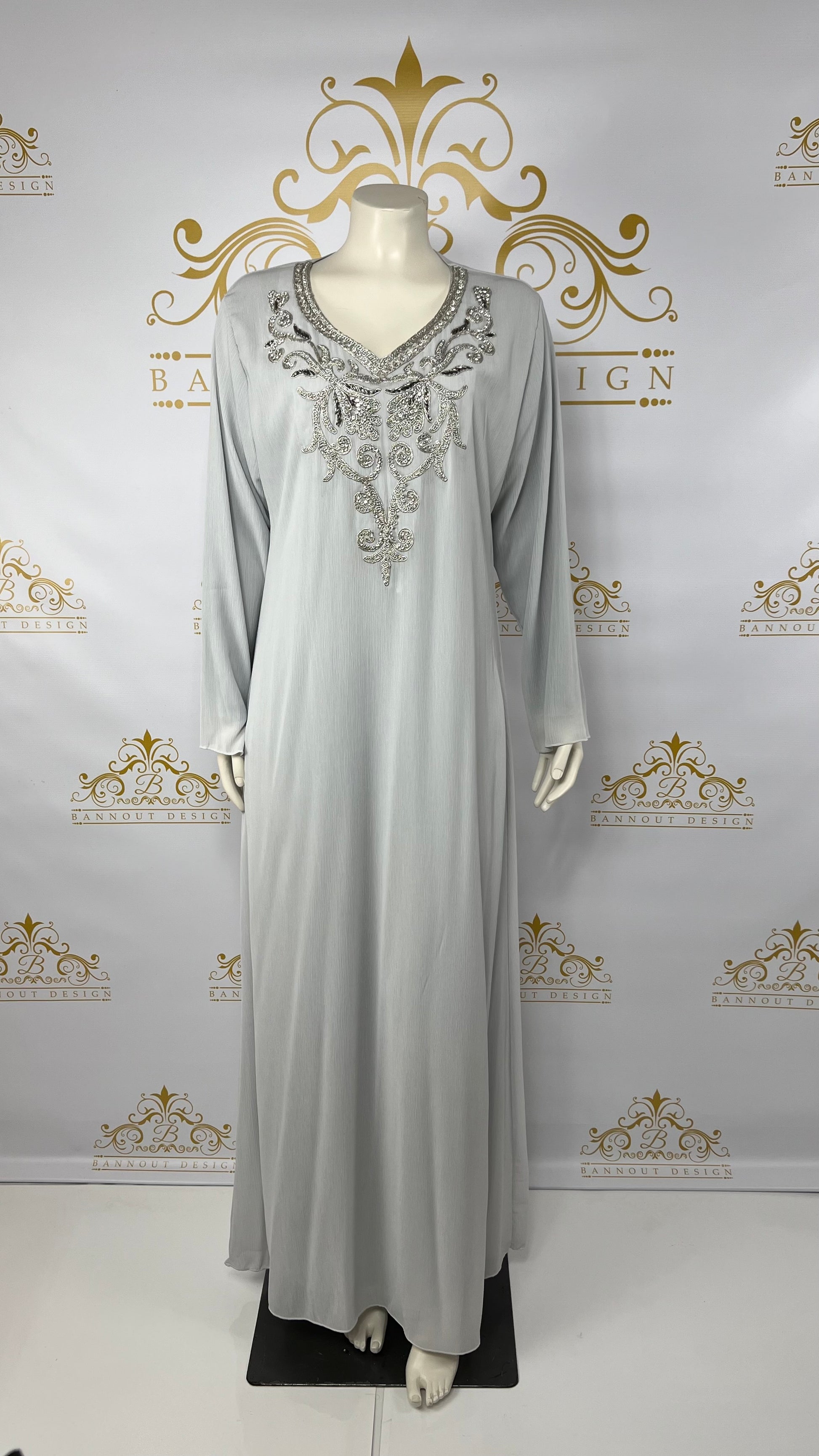 Fancy Kaftan Abaya women's Long Dress 3 Pcs. Embroidery & Silver Beads  Light Gray
