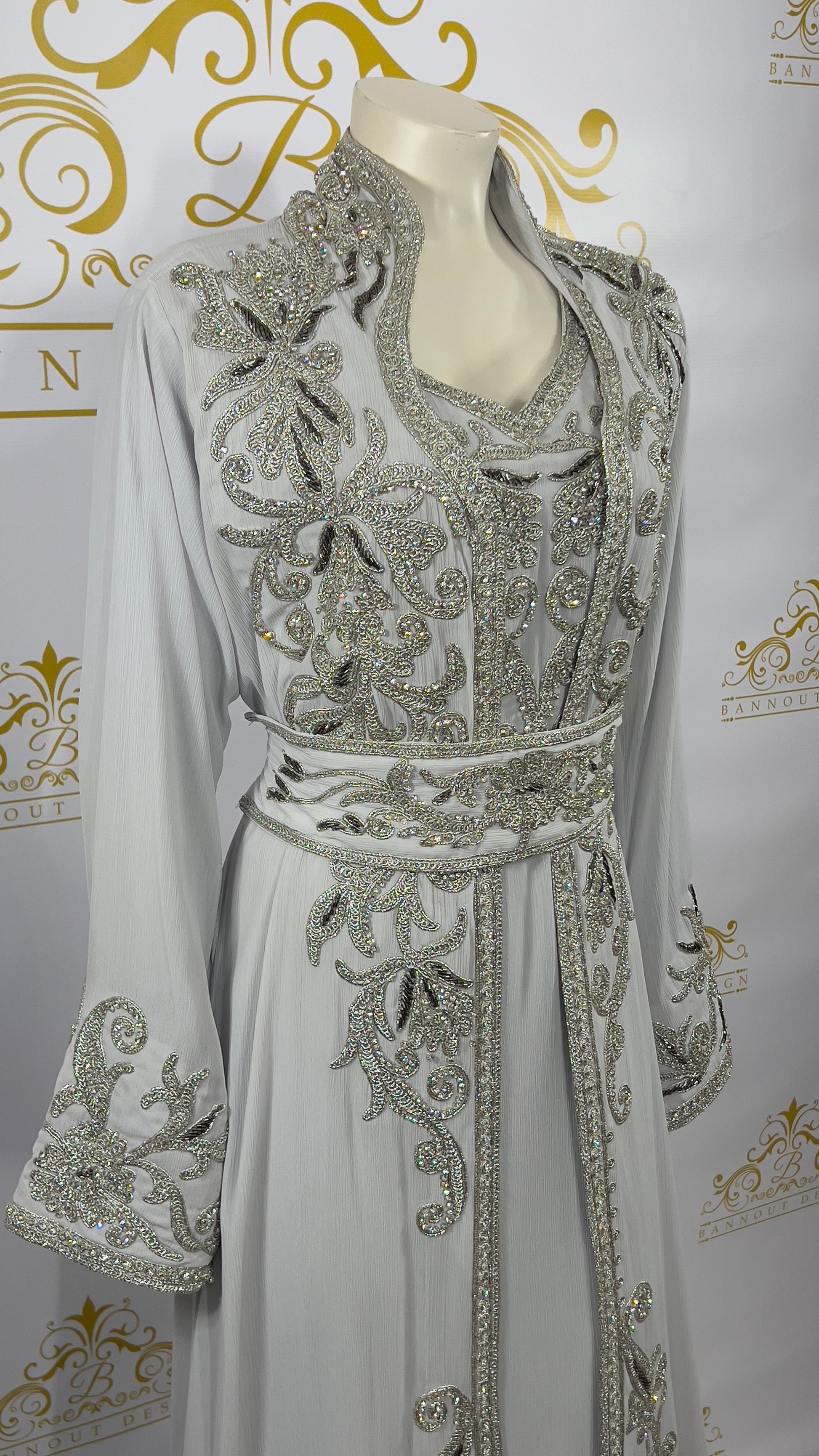 Fancy Kaftan Abaya women's Long Dress 3 Pcs. Embroidery & Silver Beads  Light Gray