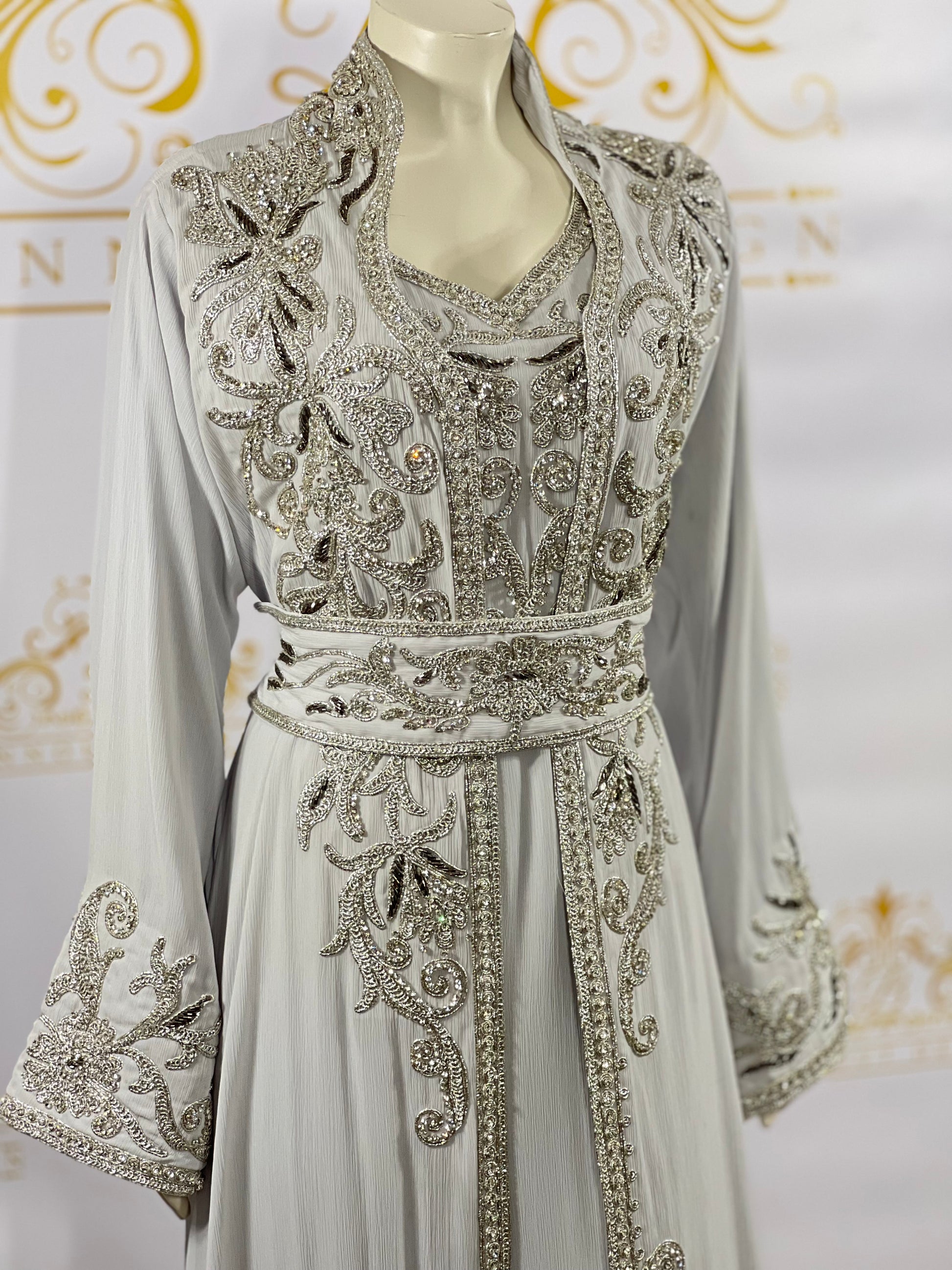 Fancy Kaftan Abaya women's Long Dress 3 Pcs. Embroidery & Silver Beads  Light Gray