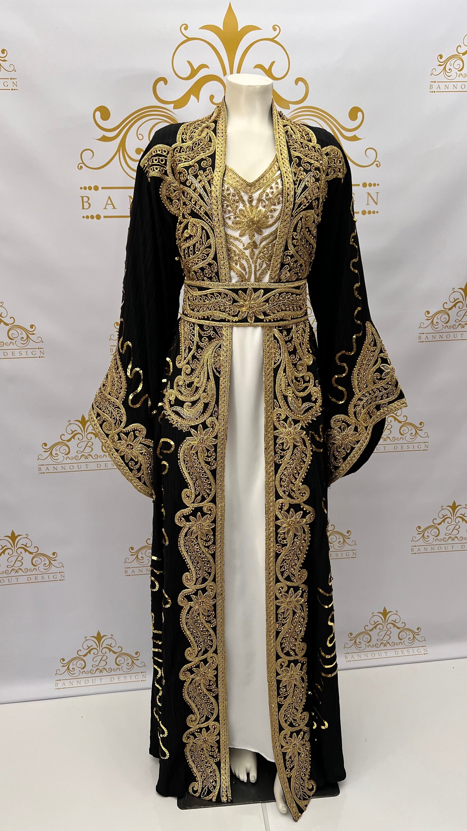 open lace back dress Kaftan Dress 3 Pcs. Golden Embroidery & Beads Paisley Design – Bannout  Design