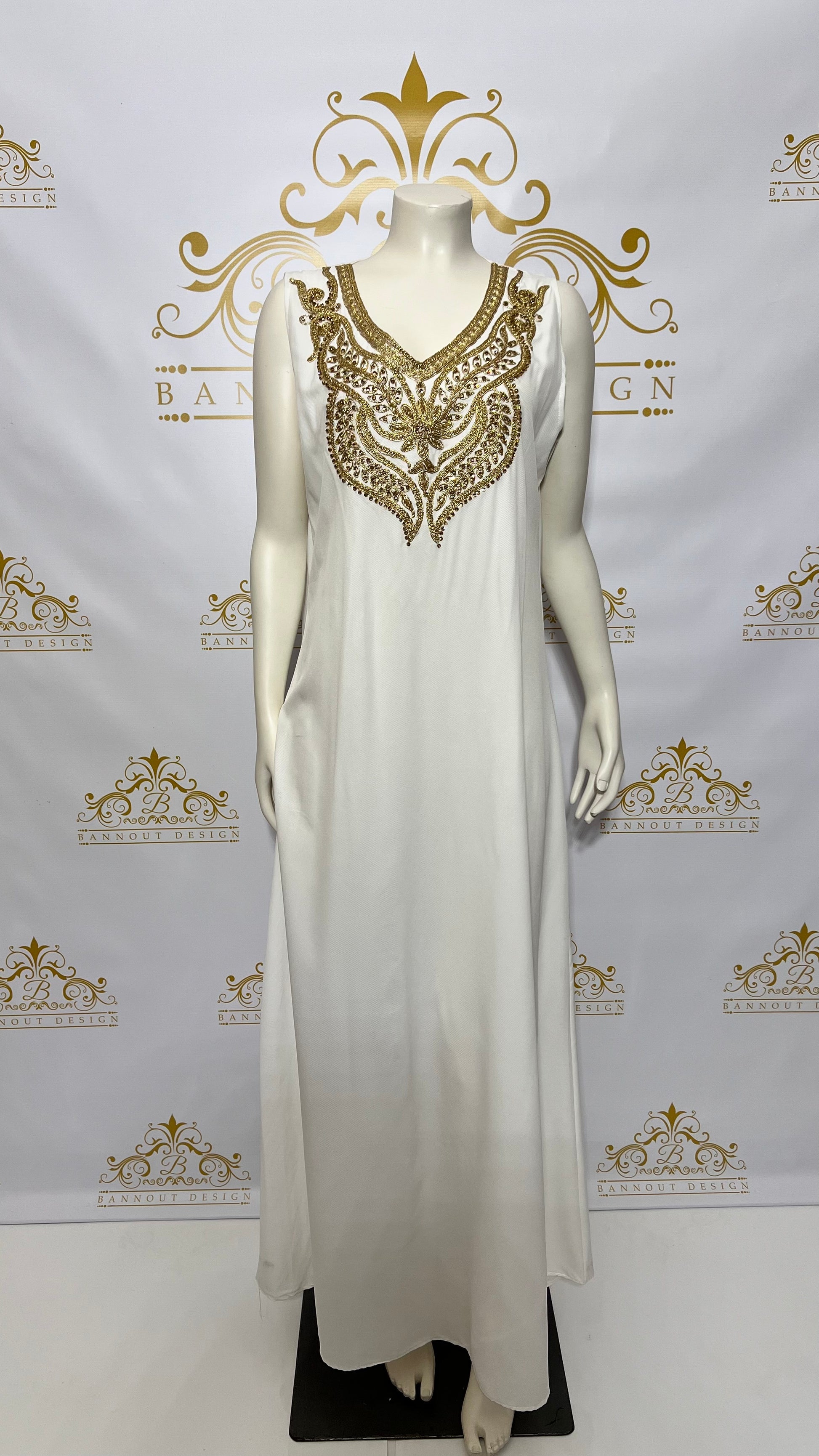Kaftan Dress 3 Pcs. Golden Embroidery & Beads Paisley Design Bannout Design Kaftan Dress 3 Pcs. Golden Embroidery & Beads Paisley Design Bannout Design