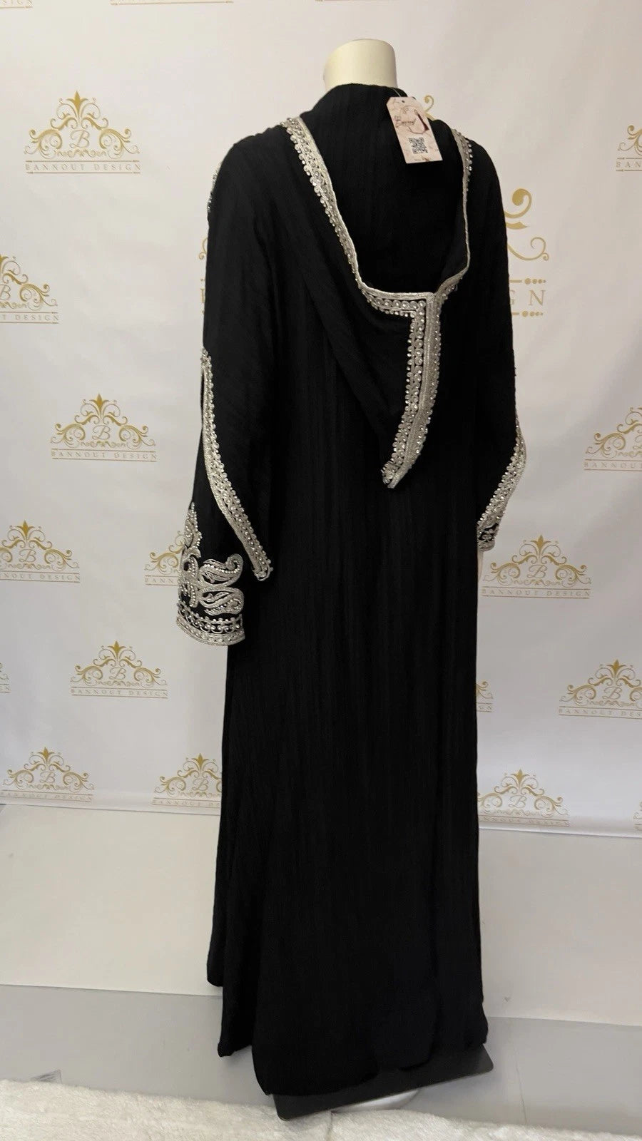 Hooded Butterfly Kaftan Dress Set 3 Pcs Long Dress Silver Beads & Embroidery Black Black / L