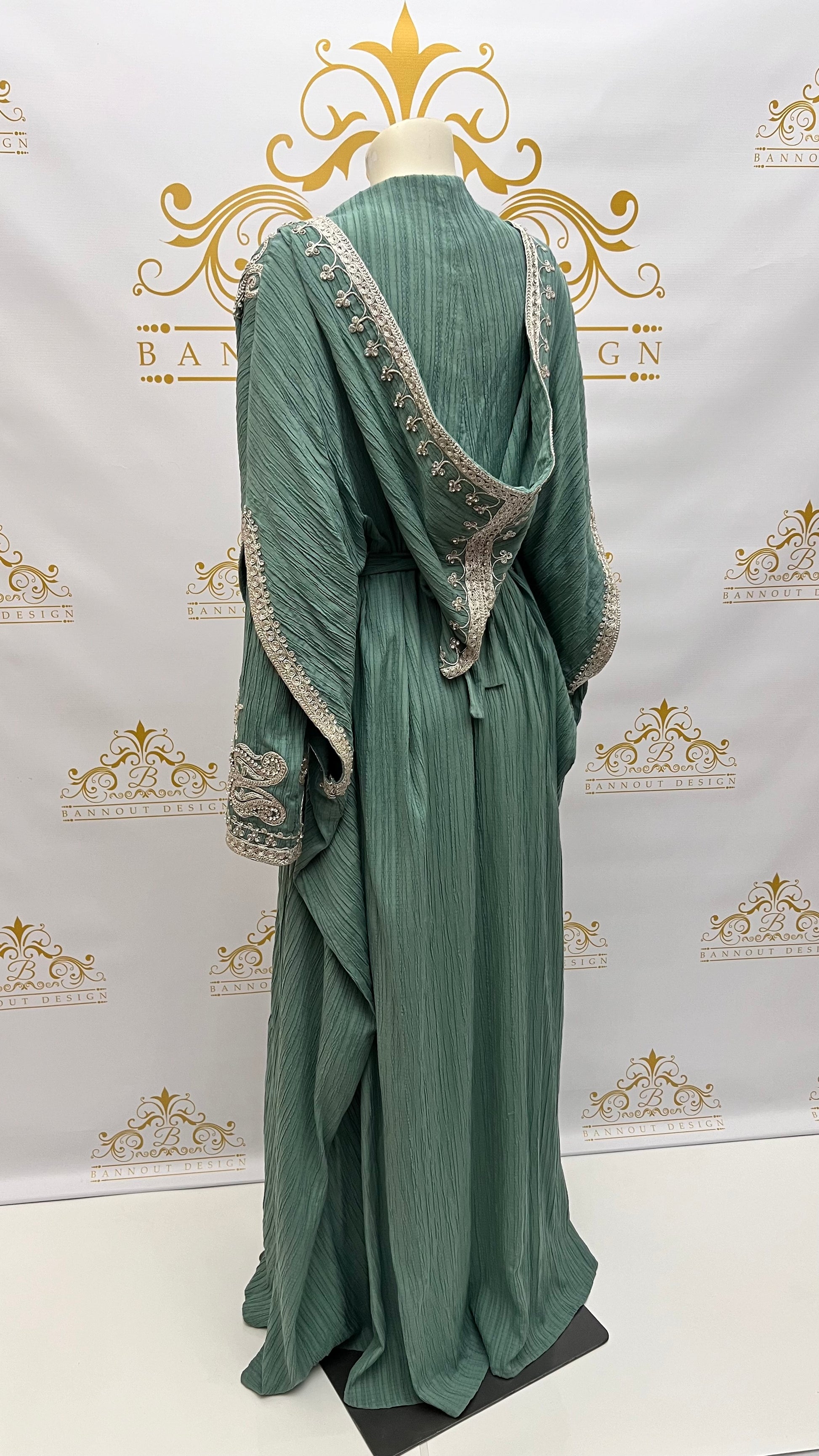 Hooded_Butterfly_Kaftan_3_Pieces_Silver_8_Beads_Embroidery_Bannout_Design_brand_Green