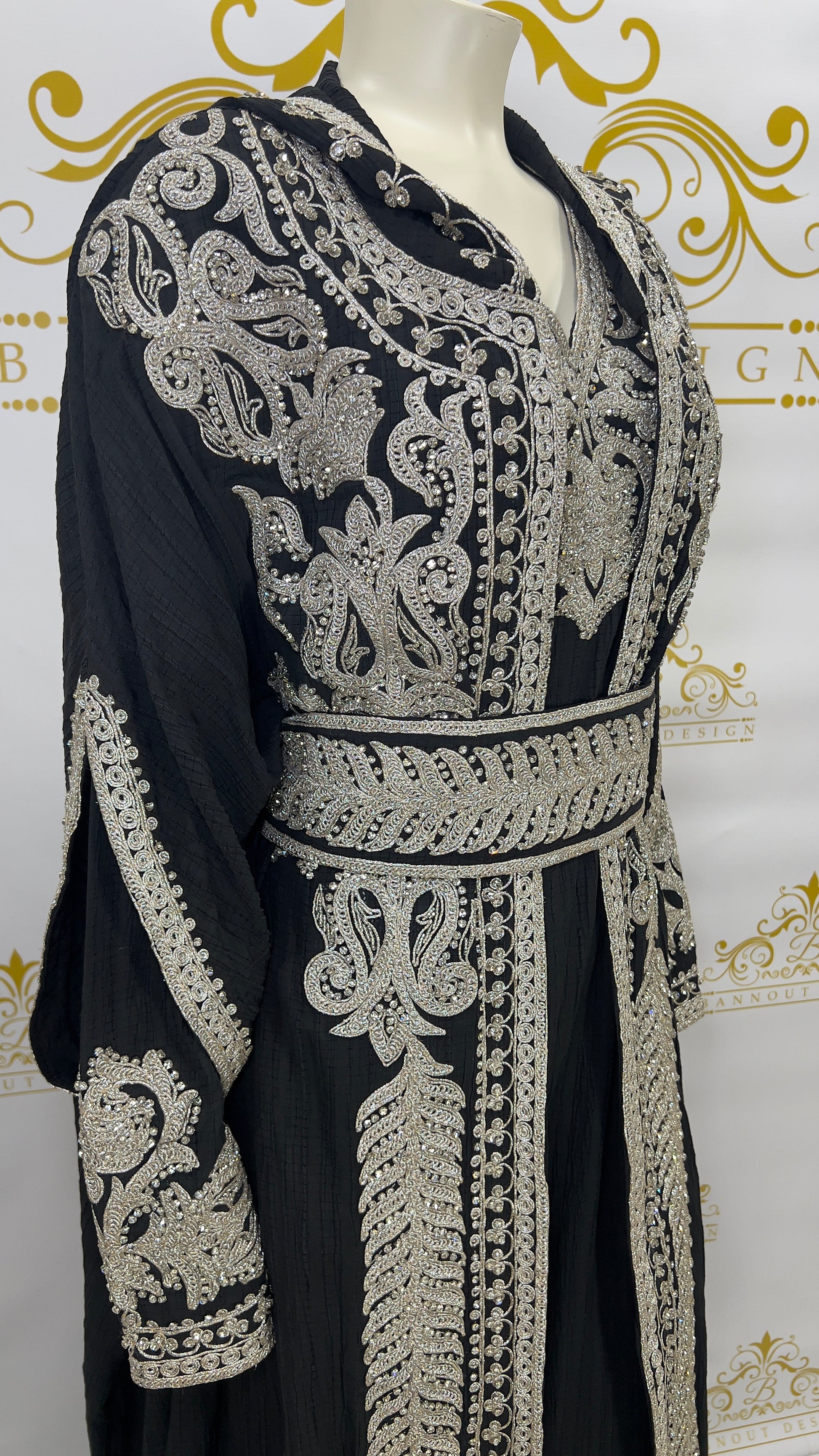 Hooded Butterfly Kaftan Abaya 3 Pcs Long Dress Silver Beads & Embroidery Long_Sleeve_Maxi_Dress_Abaya_Black