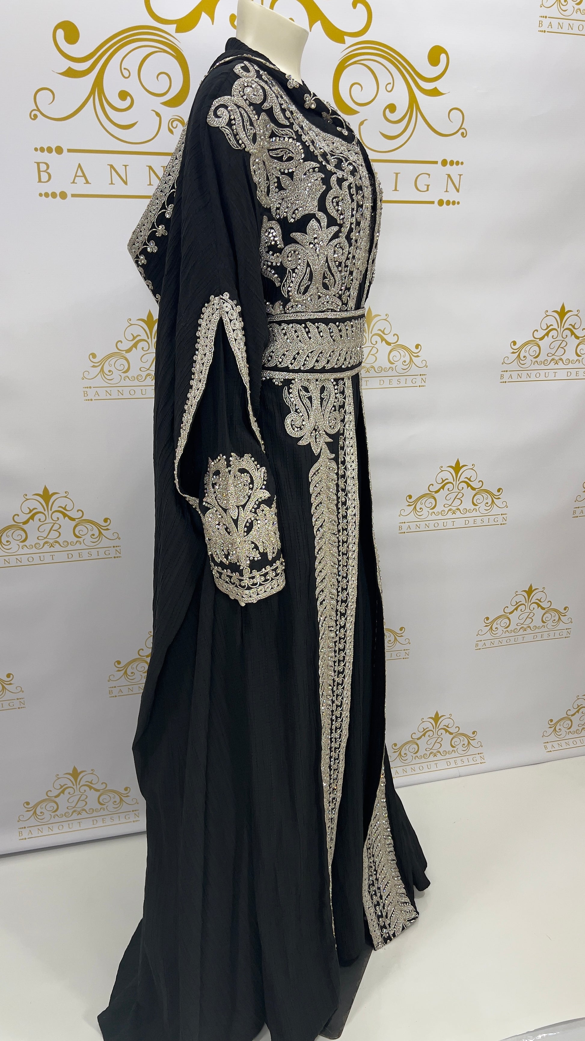Hooded Butterfly Kaftan Abaya 3 Pcs Long Dress Silver Beads & Embroidery Black
