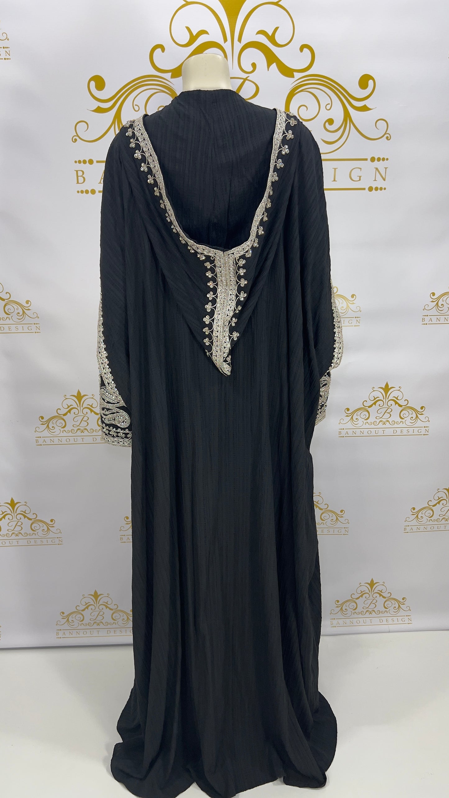 Hooded Butterfly Kaftan Abaya 3 Pcs Long Dress Silver Beads & Embroidery Black