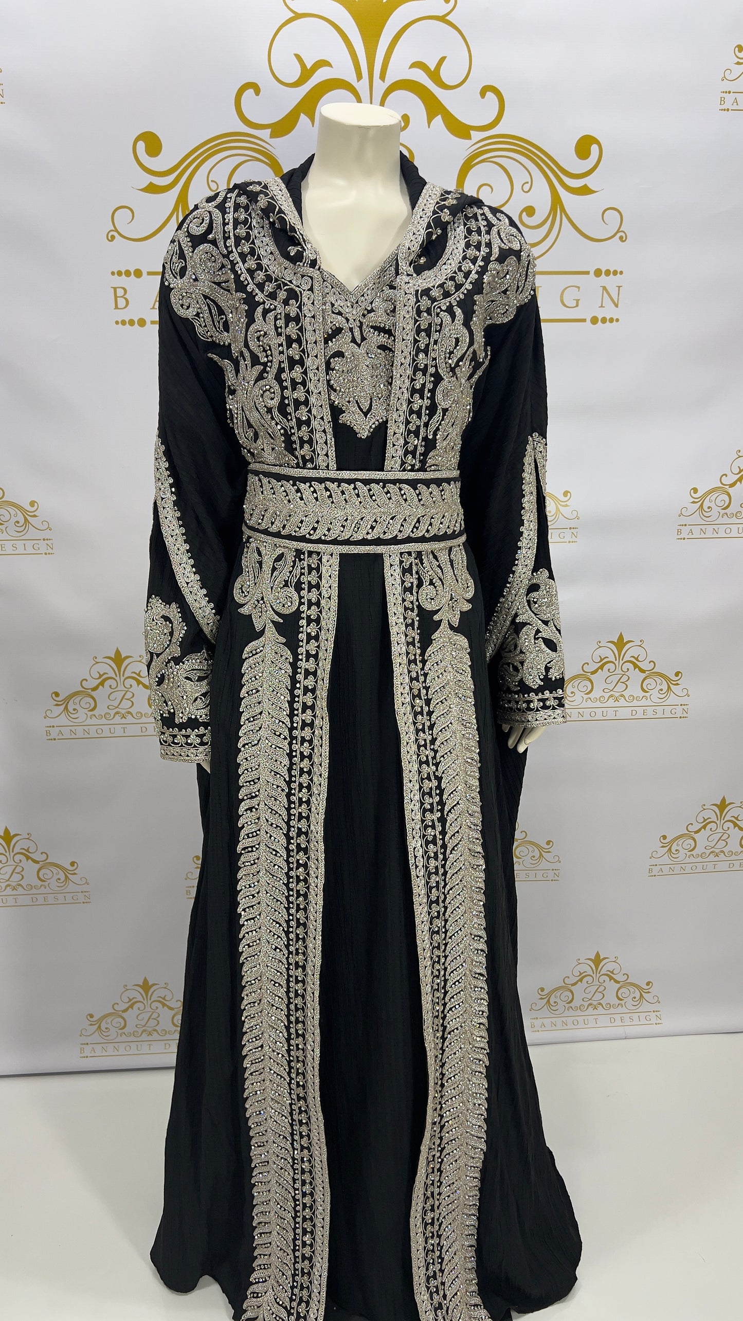 Hooded Butterfly Kaftan Abaya 3 Pcs Long Dress Silver Beads & Embroidery Long_Sleeve_Maxi_Dress_Abaya