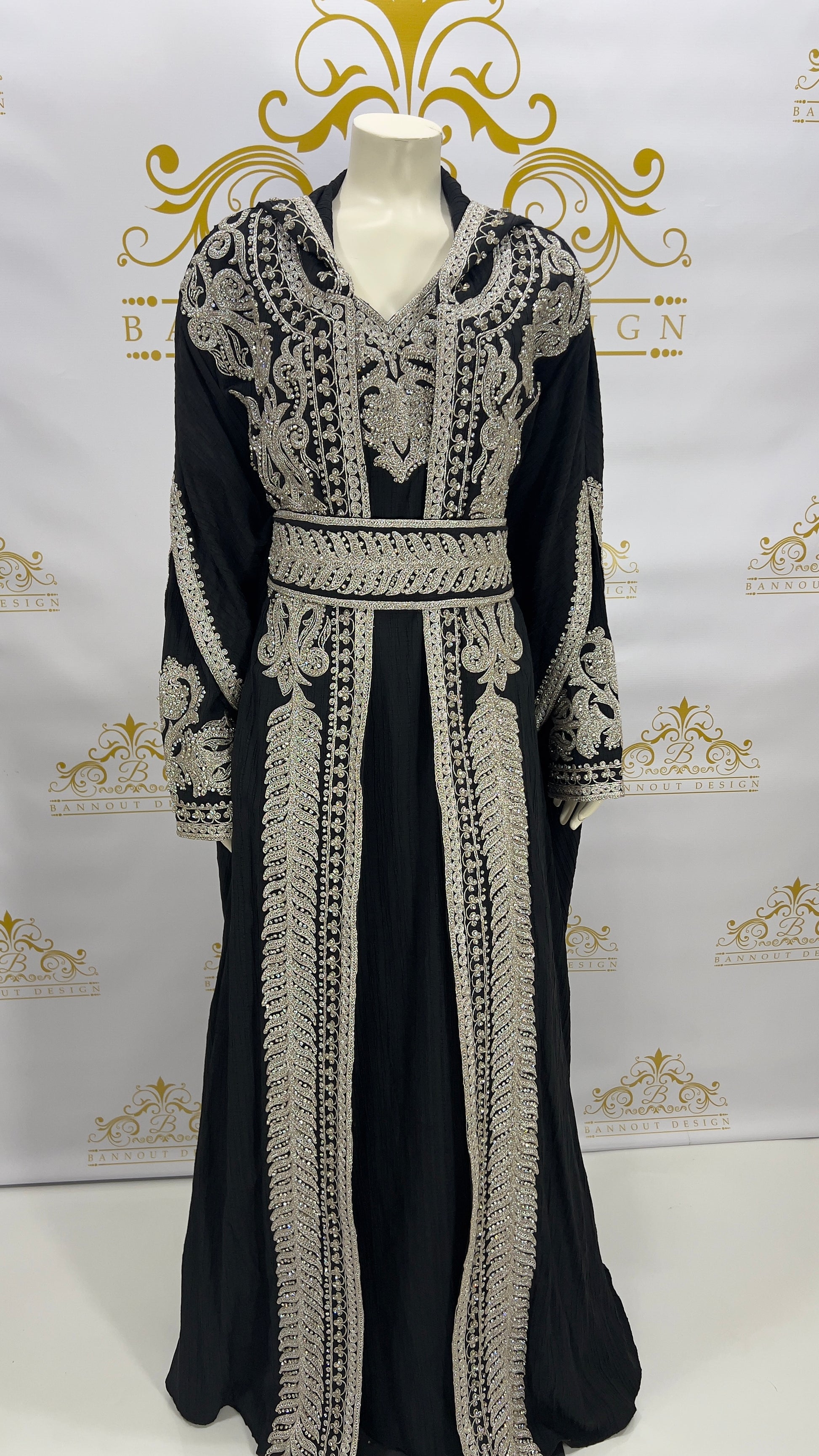 Hooded Butterfly Kaftan Abaya 3 Pcs Long Dress Silver Beads & Embroidery Long_Sleeve_Maxi_Dress_Abaya