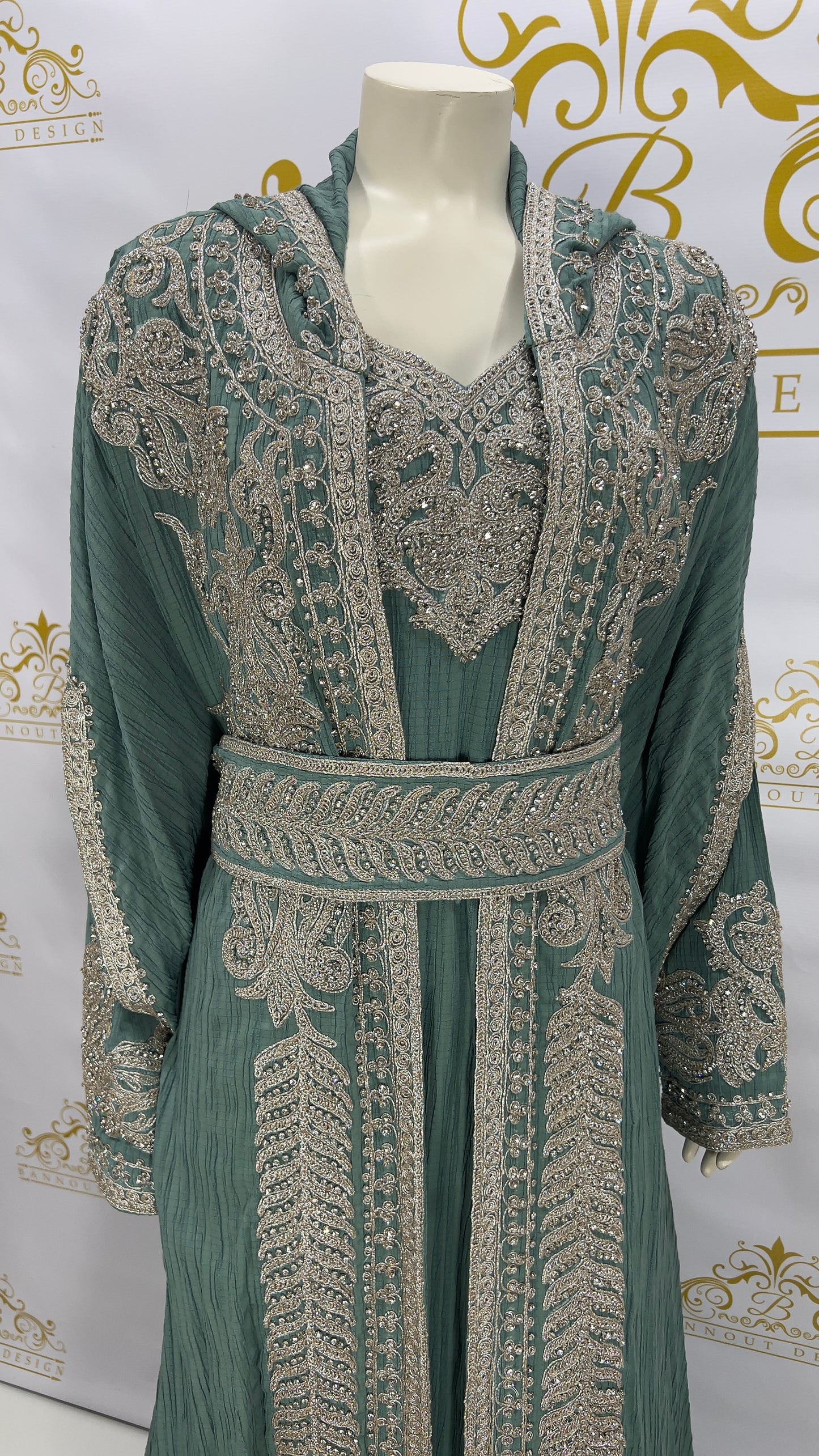 Hooded Butterfly Kaftan Abaya 3 Pcs Long Dress Silver Beads & Embroidery Green