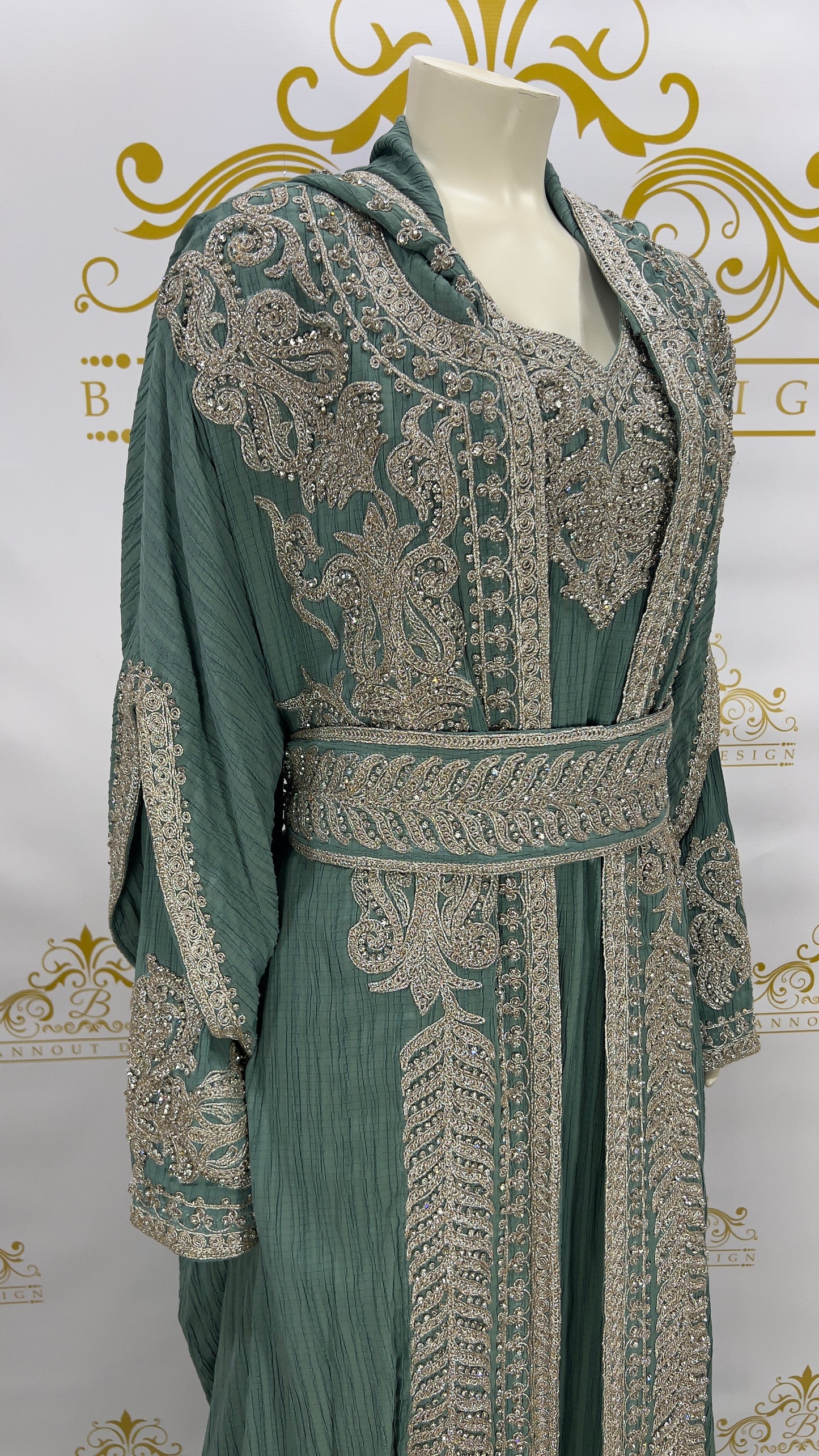 Hooded Butterfly Kaftan Abaya 3 Pcs Long Dress Silver Beads & Embroidery Green