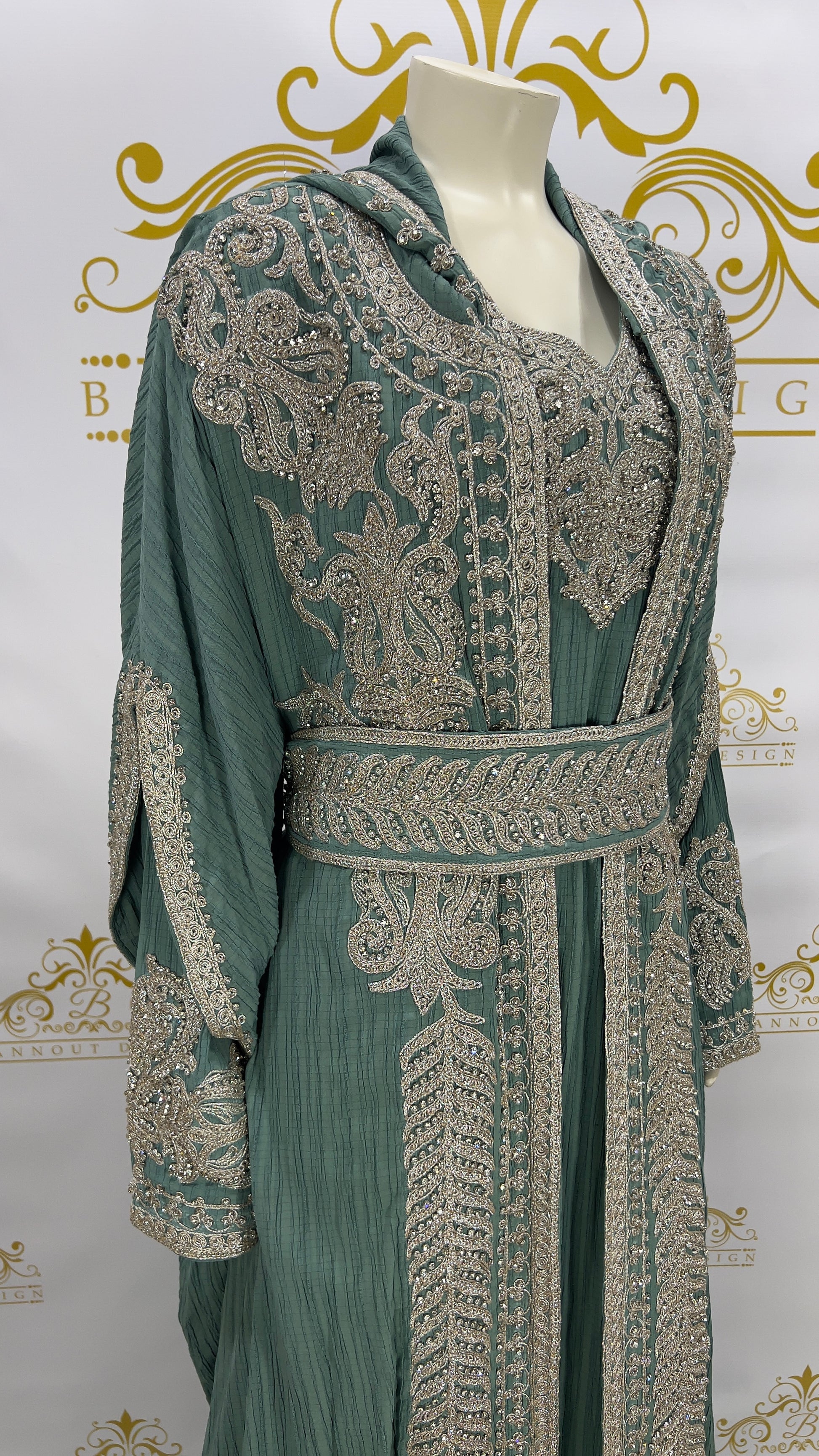 Hooded Butterfly Kaftan Abaya 3 Pcs Long Dress Silver Beads & Embroidery Green