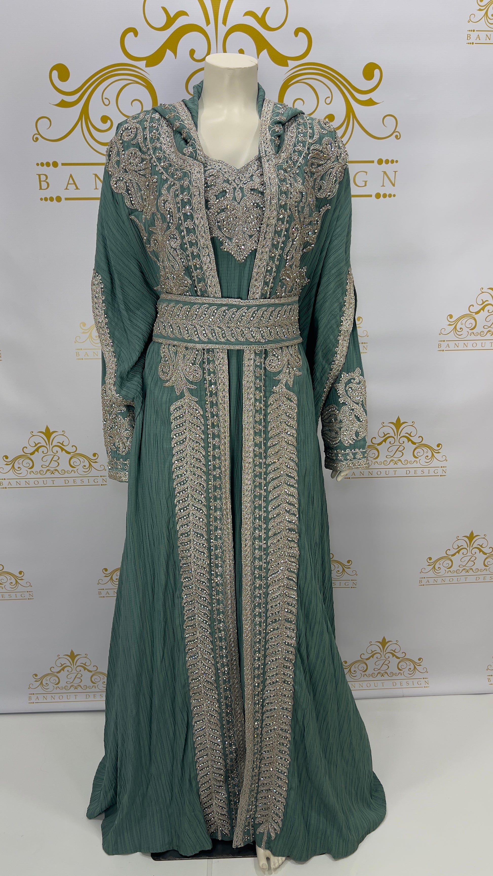 Hooded Butterfly Kaftan Abaya 3 Pcs Long Dress Silver Beads & Embroidery Long_Sleeve_Maxi_Dress_AbayaGreen