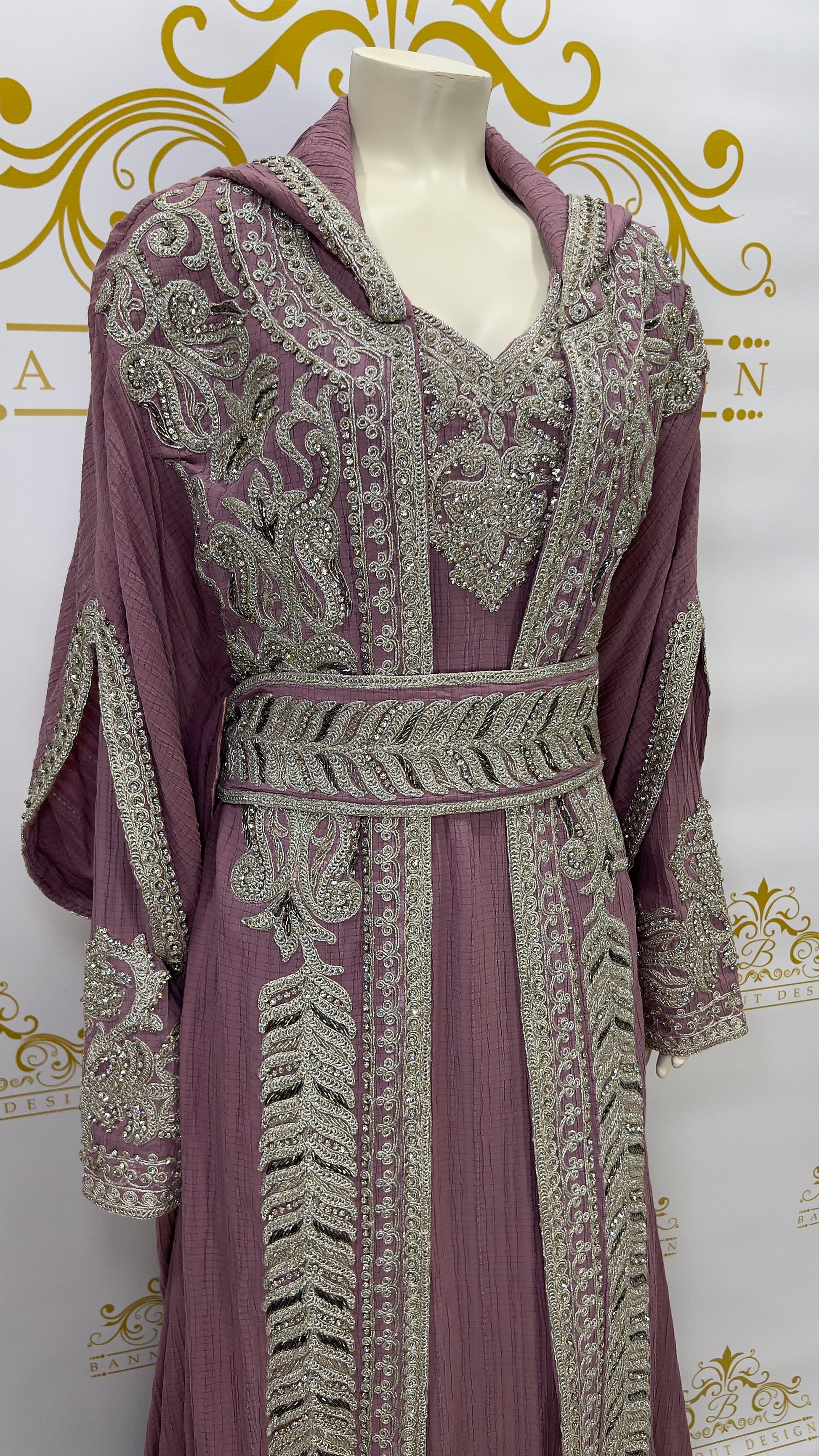 Hooded Butterfly Kaftan Abaya 3 Pcs Long Dress Silver Beads & Embroidery Long_Sleeve_Maxi_Dress_AbayaPurple