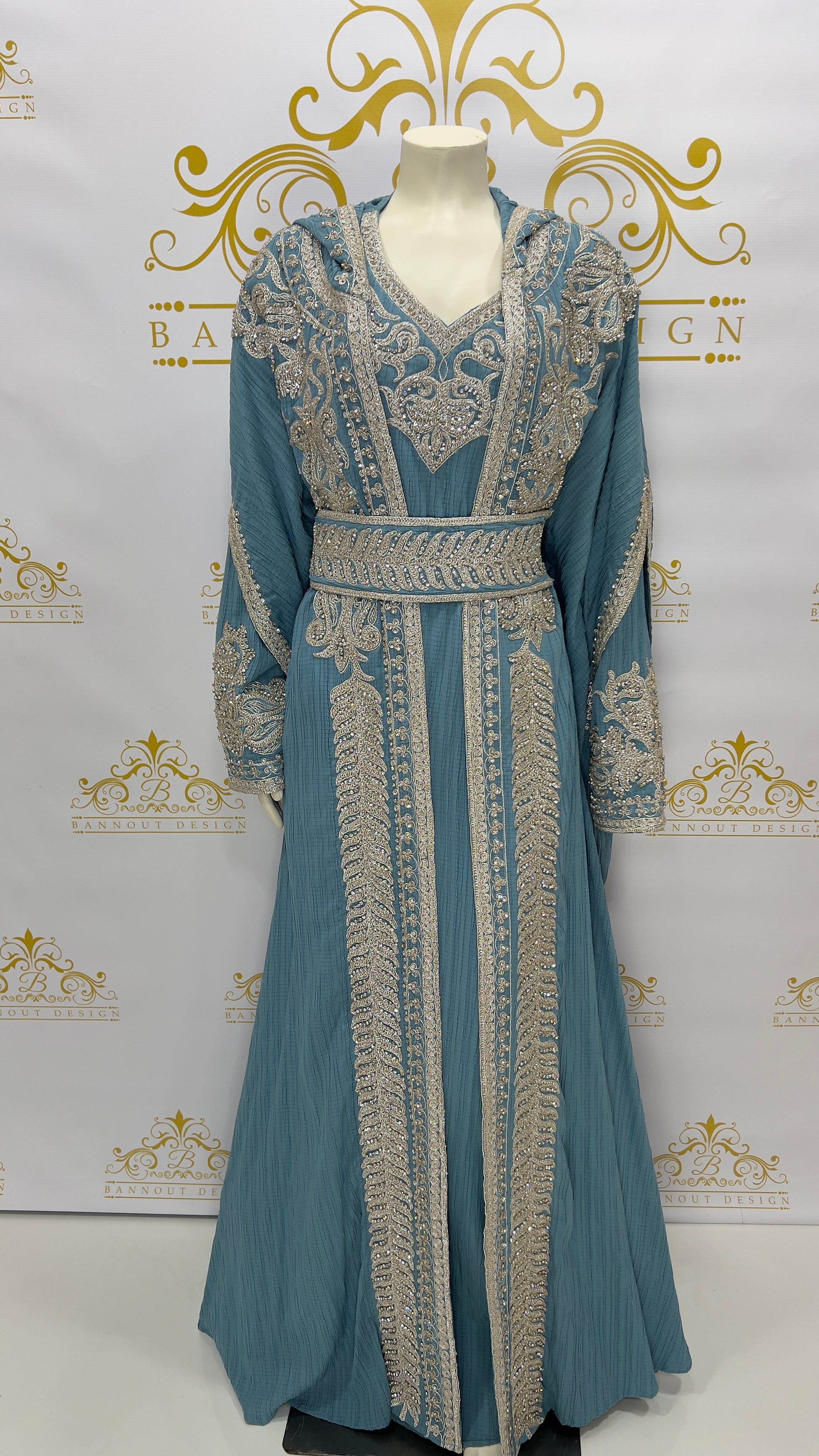 Hooded Butterfly Kaftan Abaya 3 Pcs Muslim Women's Long Fashion Dress Silver Beads & Embroidery BLUE 