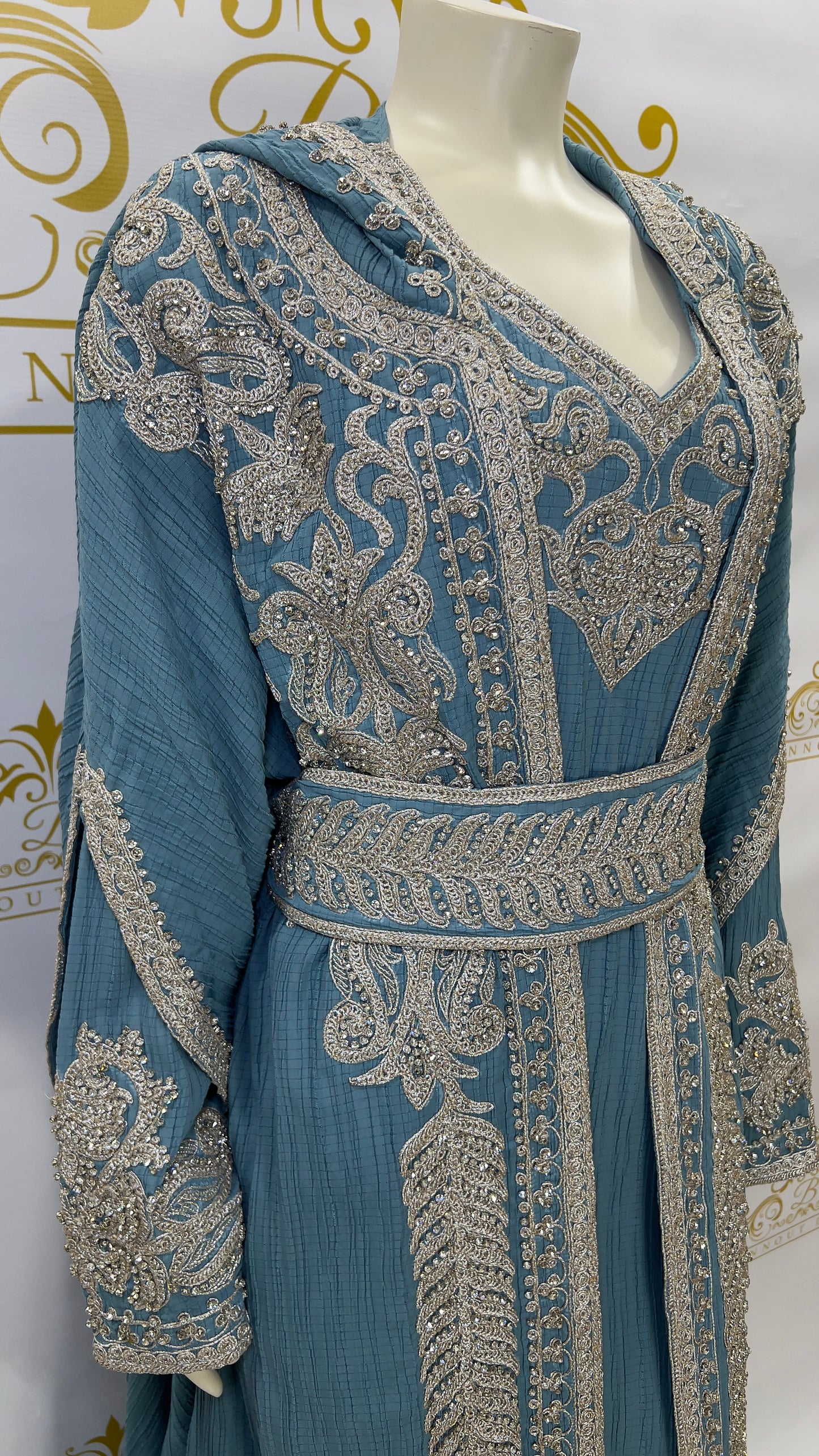 Hooded Butterfly Kaftan Abaya 3 Pcs Muslim Women's Long Fashion Dress Silver Beads & Embroidery Light BLUE 