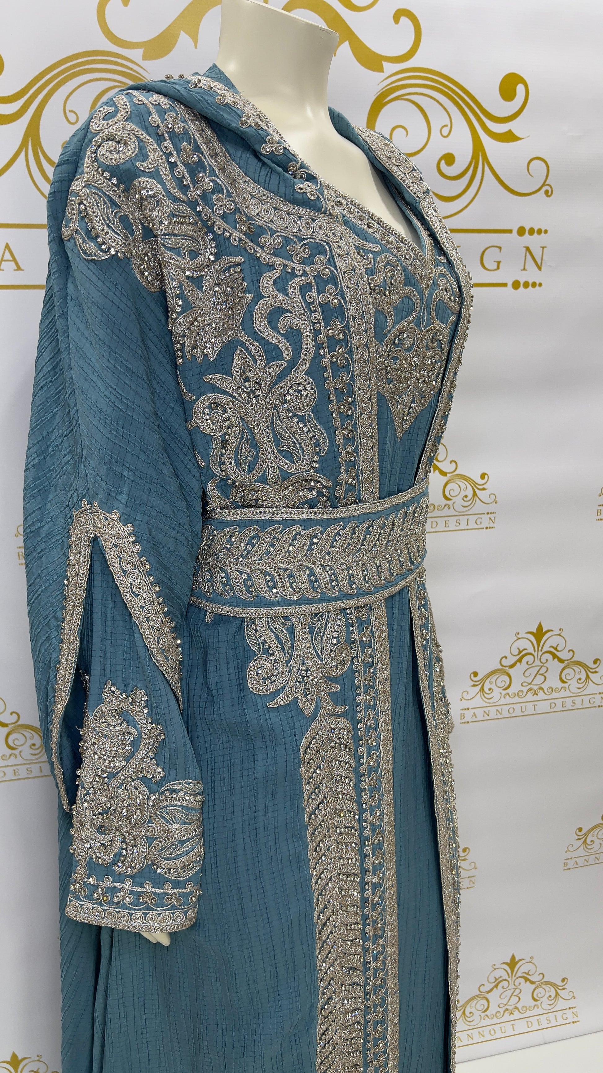Hooded Butterfly Kaftan Abaya 3 Pcs Muslim Women's Long Fashion Dress Silver Beads & Embroidery Light BLUE 