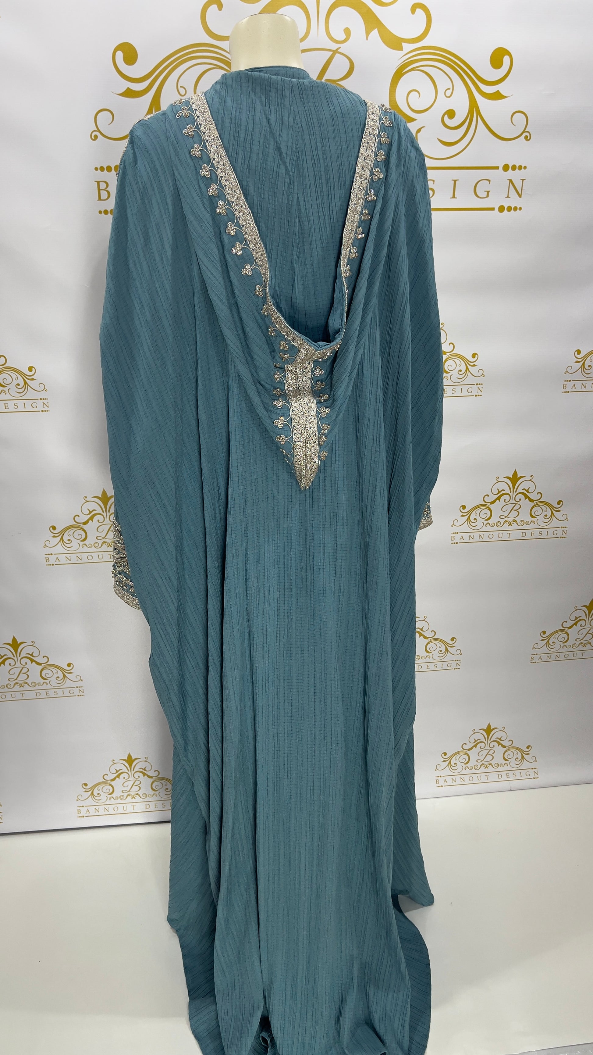 Hooded Butterfly Kaftan Abaya 3 Pcs Muslim Women's Long Fashion Dress Silver Beads & Embroidery Light BLUE 